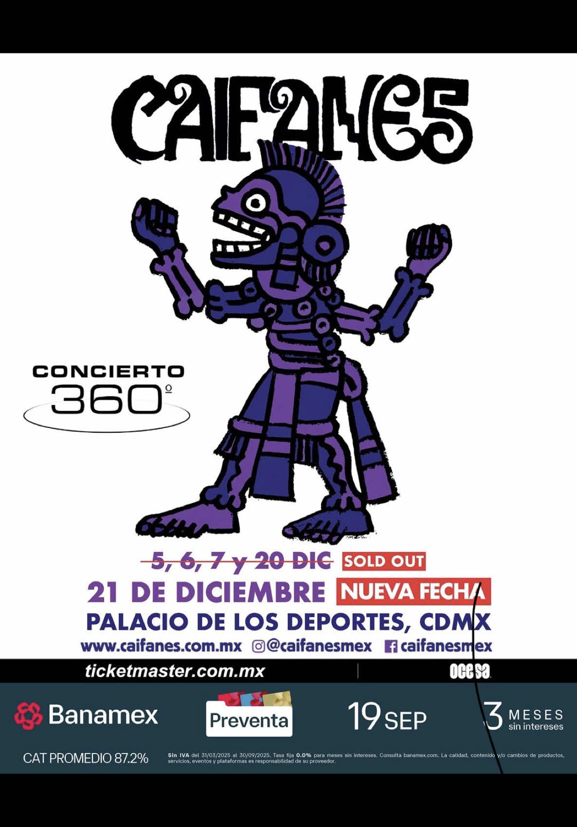 🎸 CAIFANES 🎸 🗓️ Domingo 21 de Diciembre del 2025 🗓️ 🏟️ Palacio de los Deportes 🏟️ 📍 CDMX📍 🇲🇽 México 🇲🇽 PRECIOS BASE, NO INCLUYEN VARIACIONES PARA PRIMERAS FILAS, ASIENTOS PEGADOS A LAS ORILLAS/ESQUINAS 💳 Fechas de Preventas 💳 Preventa Banamex: 19 de septiembre 11:00 AM Venta General: 20 de Junio 11:00 AM #caifanes #caifanesmx #caifanesjaguares #rock #360   💲 Boletera: Ticketmaster 💲 🎫 Meses sin Intereses 🎫 3 MSI con tarjetas de Crédito Banamex a partir de $3,000 MXN