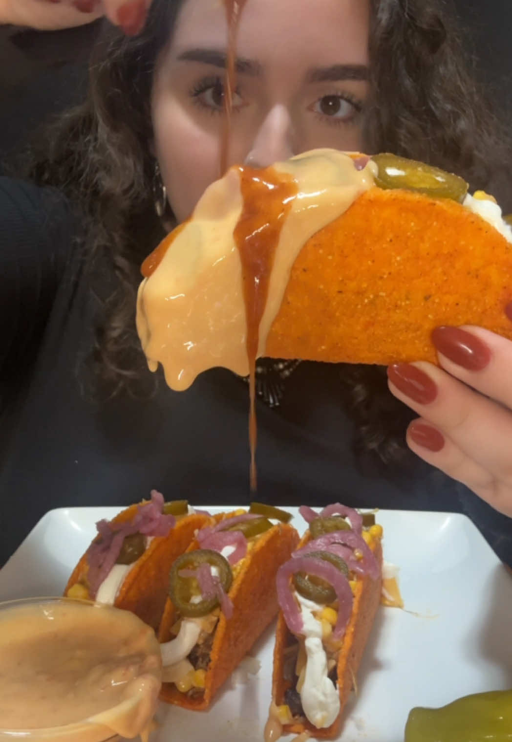 loaded tacos w/ rotel dip 🌮 what are your fave toppings for tacos? I love pickled onions & rotel dip ofc 👏 these were soooo good!  #tacos #eating #mukbang #eatingshow #foodtiktok 