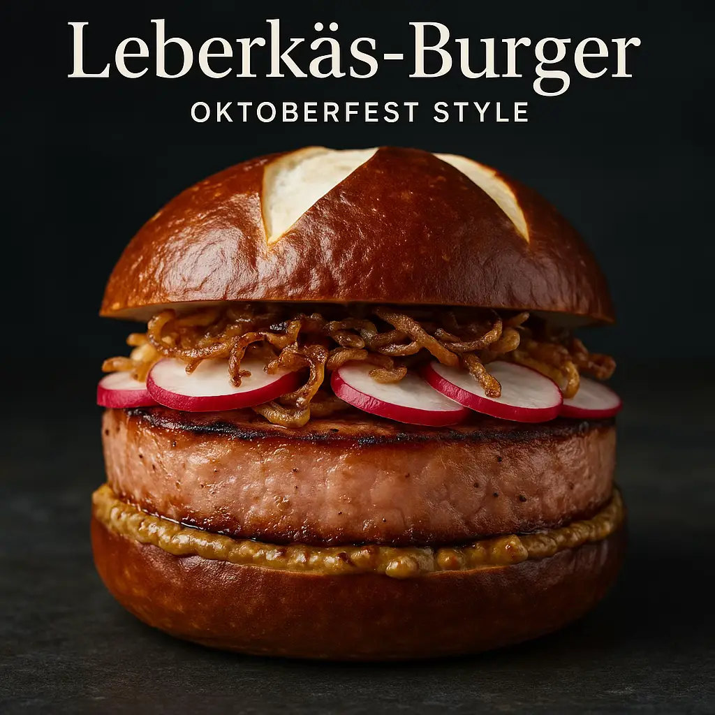 Zutaten: 	•	4 dicke Scheiben Leberkäse (à ca. 2 cm) 	•	4 Brezn-Burgerbrötchen (oder rustikale Buns) 	•	3 EL süßer Senf 	•	2 Radieschen (in feine Scheiben) 	•	1 kleine Gewürzgurke (in Scheiben) 	•	2 EL Röstzwiebeln 	•	1 EL Butter 	•	Optional: etwas Sauerkraut Zubereitung: 1.	Leberkäs in Butter goldbraun anbraten. 2.	Brezn-Buns aufschneiden & in der Pfanne kurz toasten. 3.	Unteres Brötchen mit süßem Senf bestreichen, Leberkäs drauflegen. 4.	Mit Röstzwiebeln, Radieschen & Gurkenscheiben toppen. 5.	Deckel drauf – fertig ist der bayerische Burger-Kracher! 6.	Am besten mit einem kühlen Maß Bier servieren 🍺 🔥 Der deftige Oktoberfest-Burger – Tradition trifft Streetfood! #bayern #burger #oktoberfest #münchen #rezept 