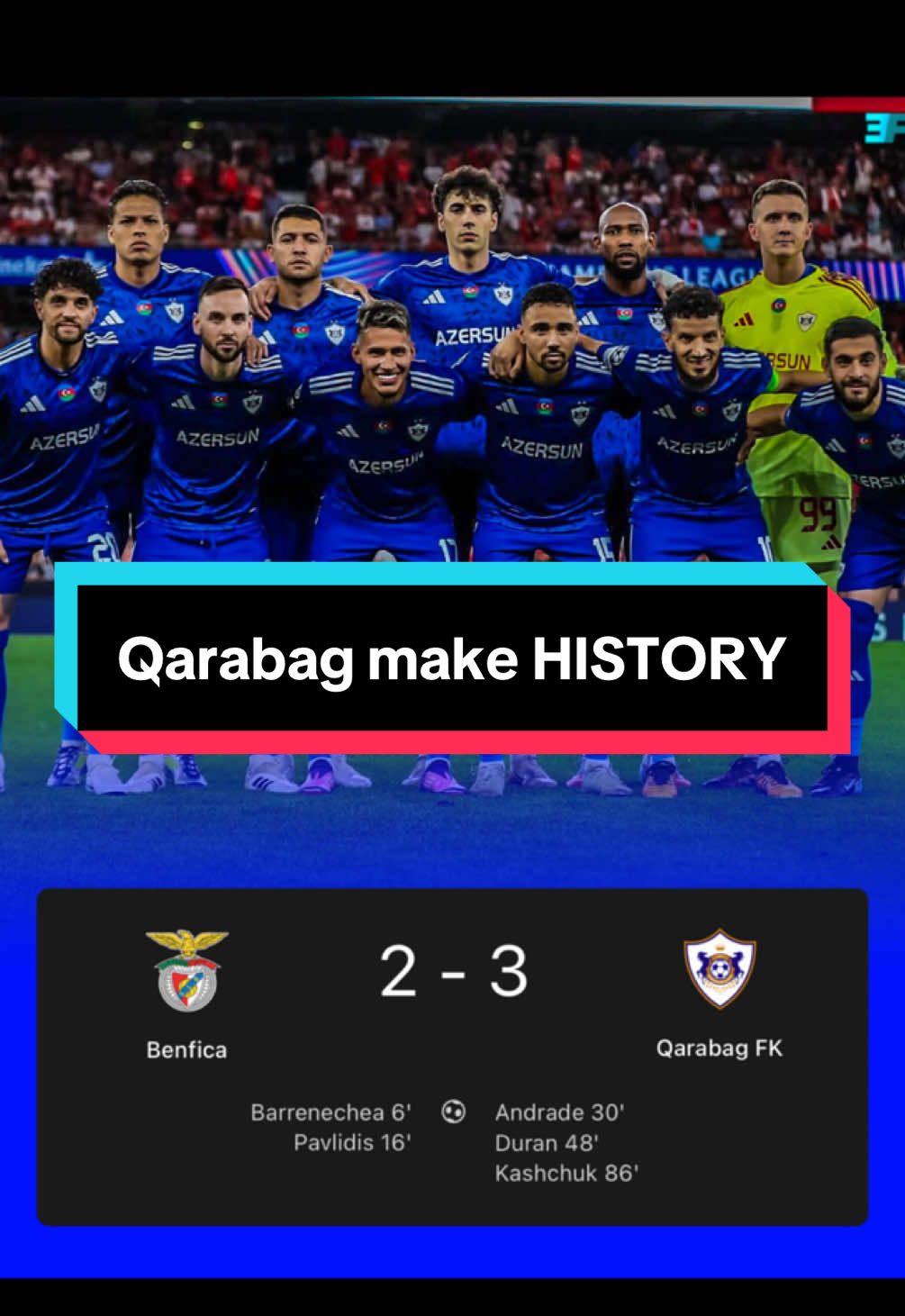 Qarabag have made HISTORY by being the first Azerbaijan club to win a champions league game  #football #qarabagfk #benfica #championsleague #slbenfica 