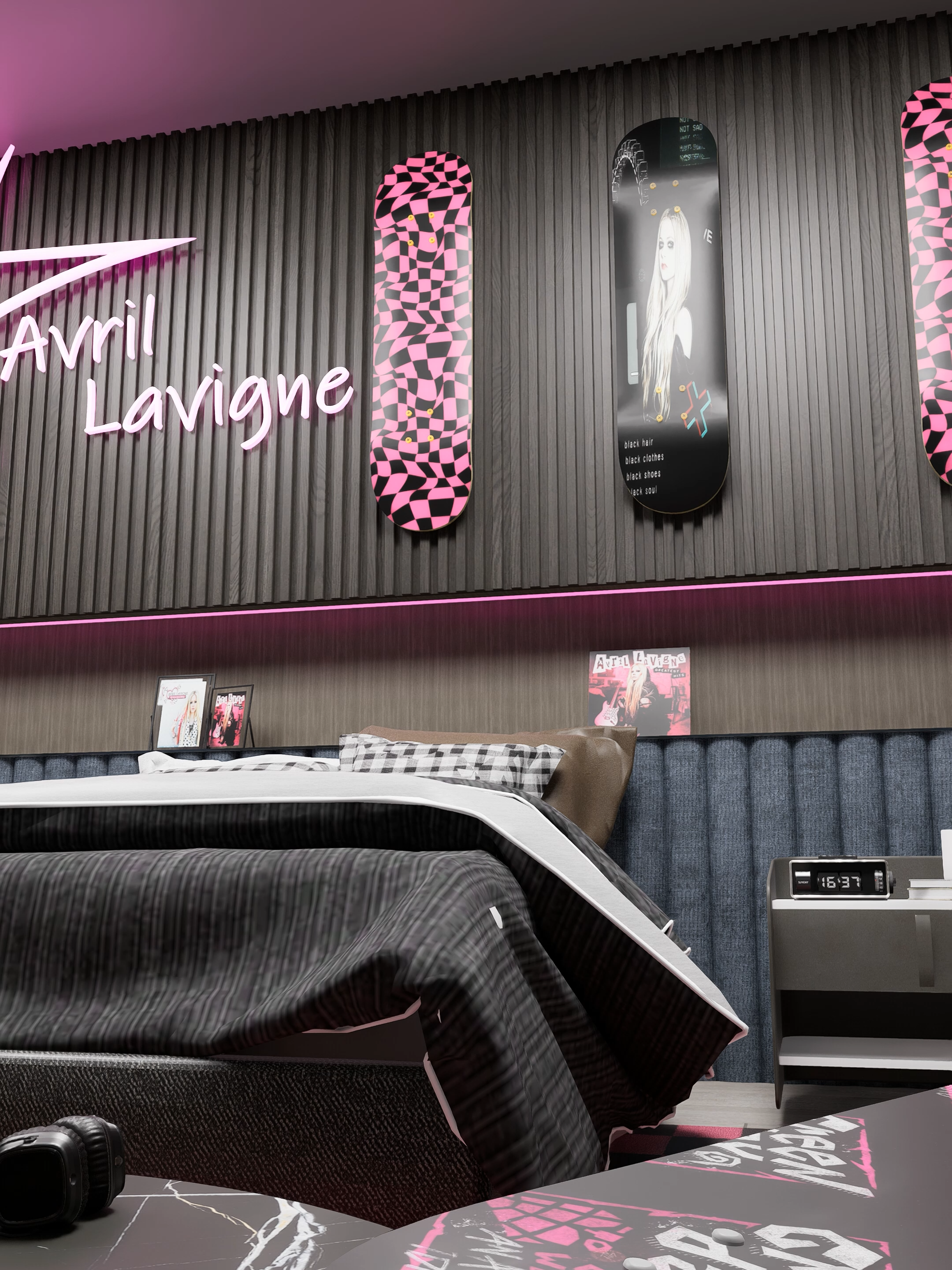 Recorrido completo por la habitación inspirada en Avril Lavigne 🎸 Un espacio con estética punk, donde el fucsia —su color favorito— se combina con mobiliario en tonos madera y negro. Los cuadros, detalles y contrastes reflejan su esencia única dentro de un ambiente moderno y juvenil. ¿Te gustaría tener un cuarto así? El cuadro es obra de SKETCHBOOK16 #avrillavigne#roomdesign#punkstyle#arquitectura#diseñodeinteriores#render#avrillavigneedit#avrillavignefan #fypp#musica