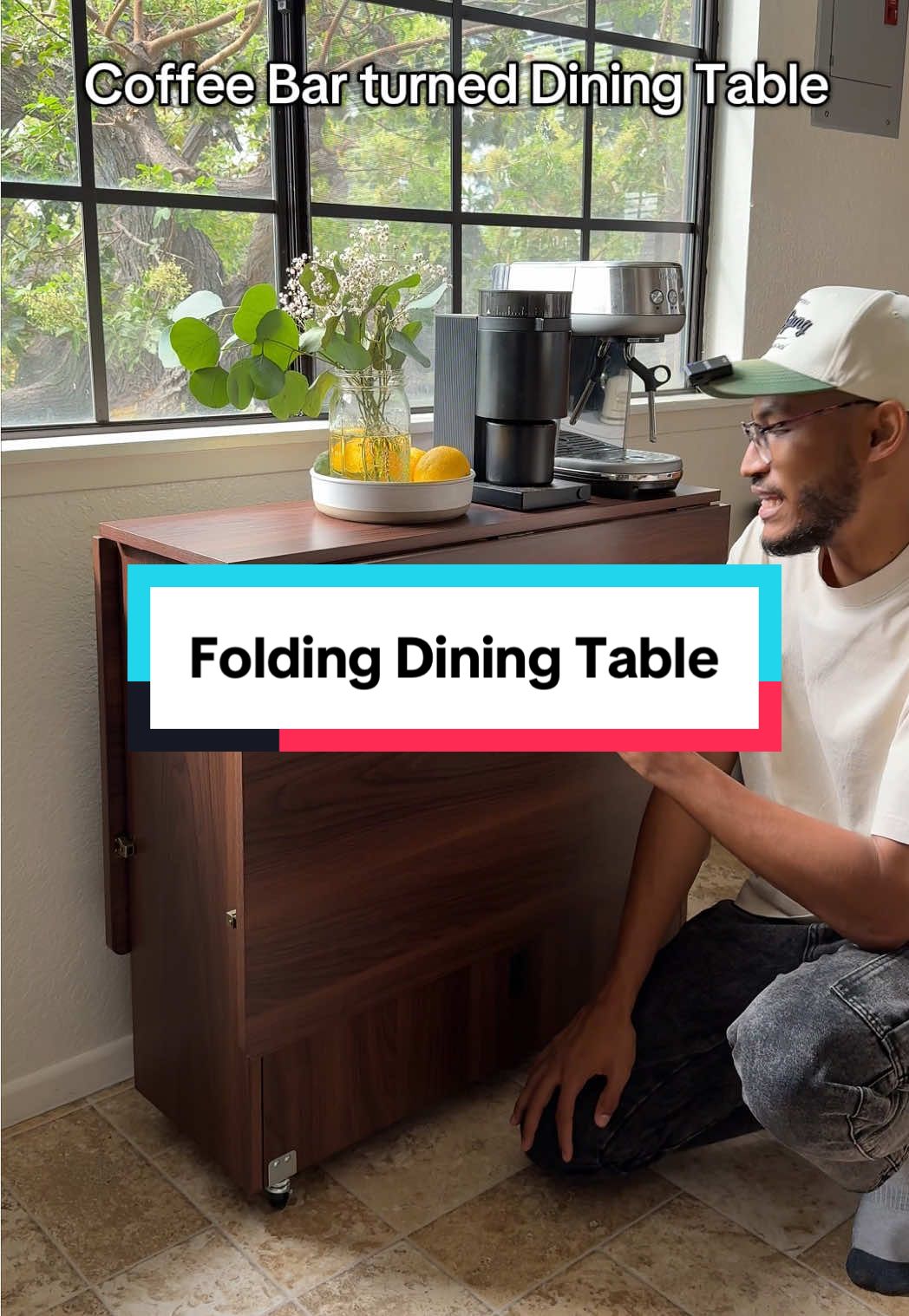 If you need the space, this folding dining table can convert from seating for people to two people to just a coffee bar #FoldingTable #FoldingDiningTable #CoffeeBar #KitchenHack #TikTokShopCreatorPicks 