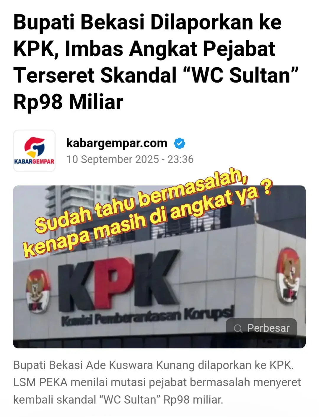 Publik makin di buat heran dan geram, mengapa oknum kadin yang sudah status tersangka masih di angkat menjadi kepala dinas, ada apa di balik semua ini, apakah ada kekuatan X, atau tidak ada lagi pejabat yang lebih baik ? semoga waktu yang akan menjawabnya 