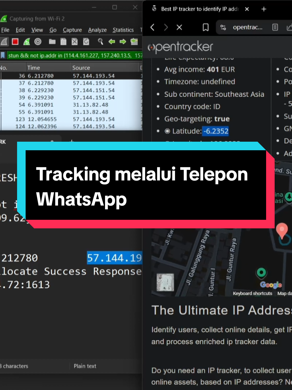 🚨 Tracking Seseorang melalui Telepon WhatsApp Ketika si korban mengangkat telpon dari  attacker, IP Address dari dari Access Point Wifi / SIM korban tertangkap oleh WireShark, yang bisa di gunakan untuk tracking melalui IP Address. ⚠️ Selalu berhati-hati dalam mengangkat telpon dari seseorang yang tidak dikenal,  sebelum mengangkat telepon coba periksa terlebih dahulu nomor penelpon melalui Get Contact atau tools sejenisnya. IB: Akudidi From Zerosec #cybersecurity #osint #doxing #hacker #wireshark 