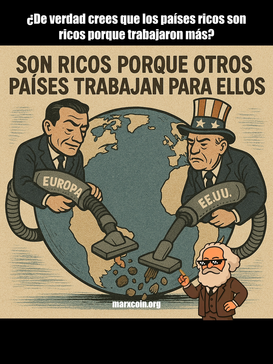 ¿Quién paga la cuenta del capitalismo? El sistema necesita disfrazarse con discursos de éxito y esfuerzo individual, pero la realidad es otra: el capitalismo funciona porque alguien paga la cuenta. Y esa cuenta no se cubre con palabras, se paga con jornadas largas, con explotación y con vidas enteras de trabajo. #marxcoin #criptomonedas #memecoin #meritocracia #capitalismo #criptos
