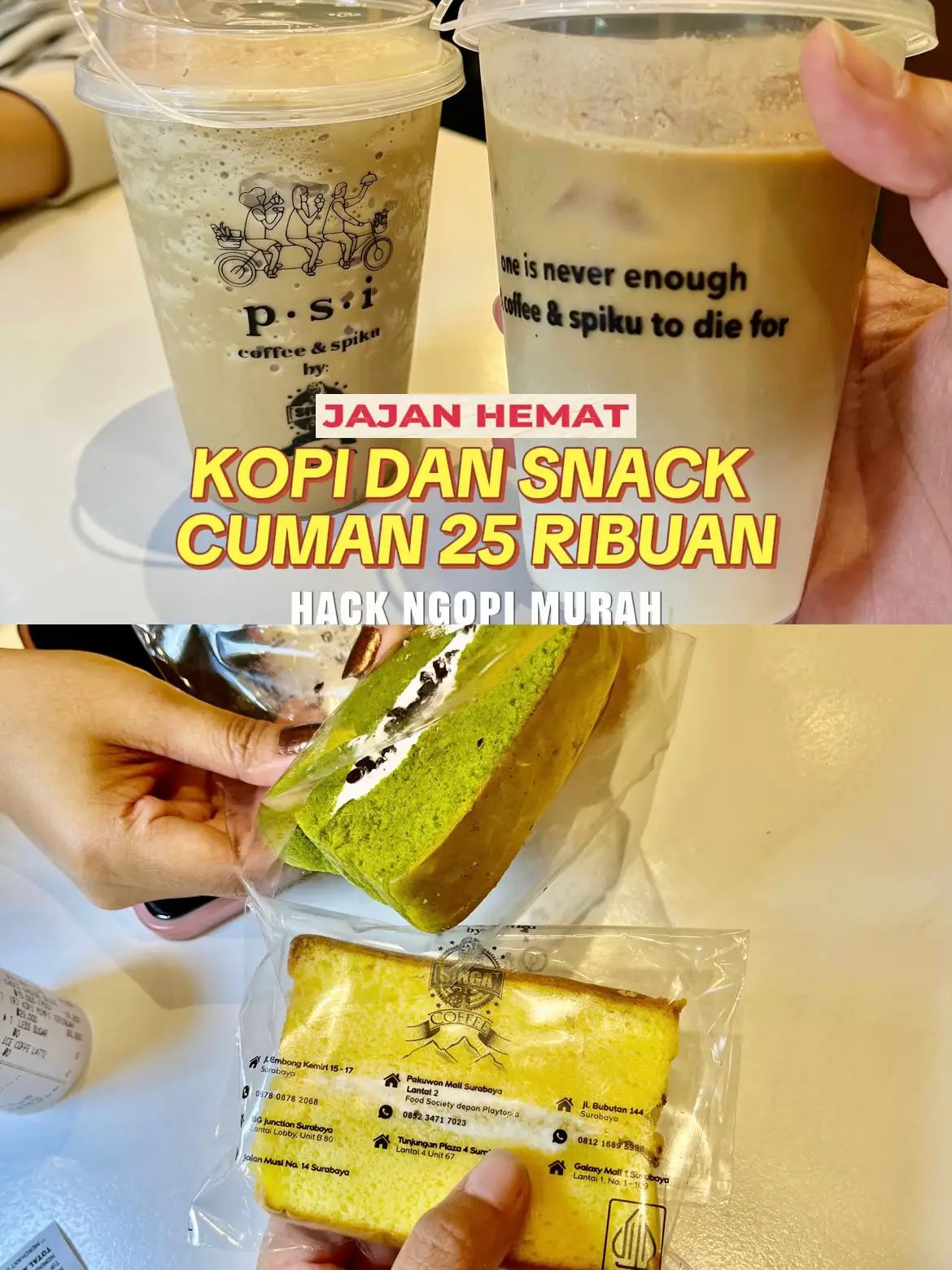 Kalo cuman ngopi doang, kamu bisa spend Rp29.000 buat berdua loh! Jajan spiku nya juga biar lebih enak, banyak diskon lagi. Snack lainnya juga enak dan murah-muraah. Siapa yang biasanya Work From Cafe di PSI Coffee & Spiku? Spill cabang mana andalanmu yang wfc friendly☺️🫵🏻 #wfcsurabaya #coffeeshop #promokopi #coffeeshopsurabaya #kopipagi 