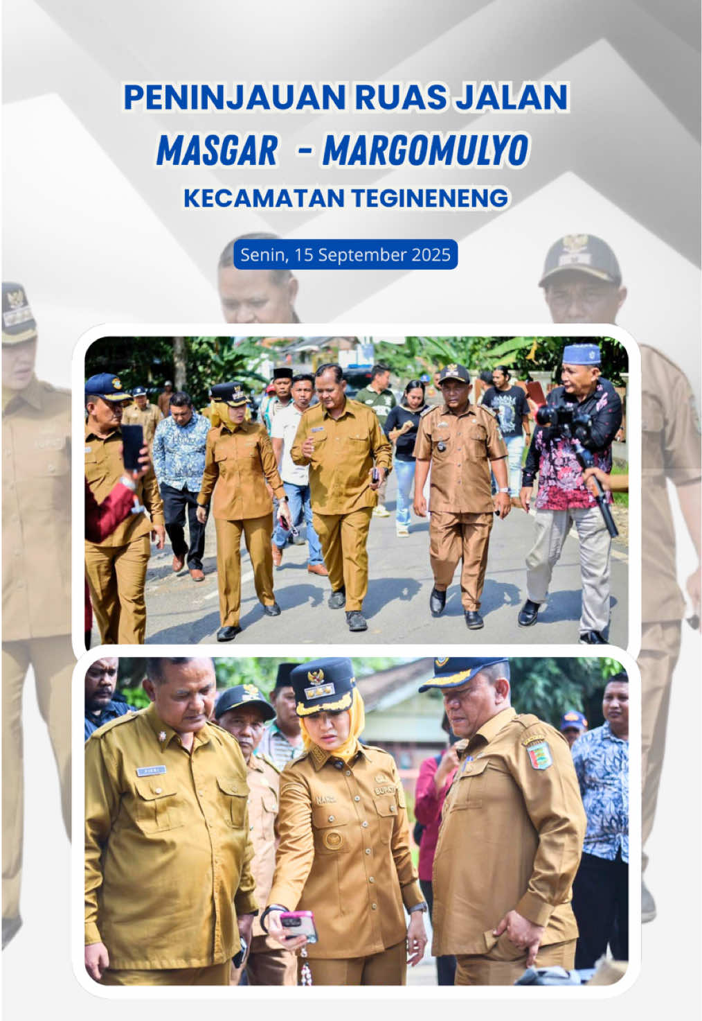 Bupati Pesawaran Hj. Nanda Indira B.  bersama jajaran  meninjau langsung hasil pembangunan Dua ruas jalan di Kecamatan Tegineneng, yakni Jalan Masgar–Margomulyo pada Senin, (15/9/2025). peningkatan ruas Jalan Masgar–Margomulyo meliputi pengaspalan sepanjang 915 meter dengan tebal 4 cm dan lebar 3,3 meter, serta pemasangan marka jalan di sisi kiri dan kanan sepanjang 915 meter. Bupati Pesawaran berharap warga turut menjaga jalan agar manfaatnya bisa bertahan lama. Akses yang lebih mudah diharapkan mampu membuka peluang ekonomi baru sekaligus meningkatkan kesejahteraan warga desa. #AndanJejama  #Pesawaran #NandaIndira #AntoniusMuhammadAli #NandaAnton