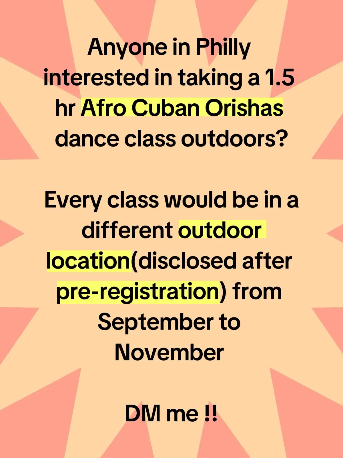 I am organizing my own orisha dance classes, outdoors this fall in Philadelphia weather permitting! Location will only be disclosed after pre registering . Wanted to see interests if any !! If so please DM me 