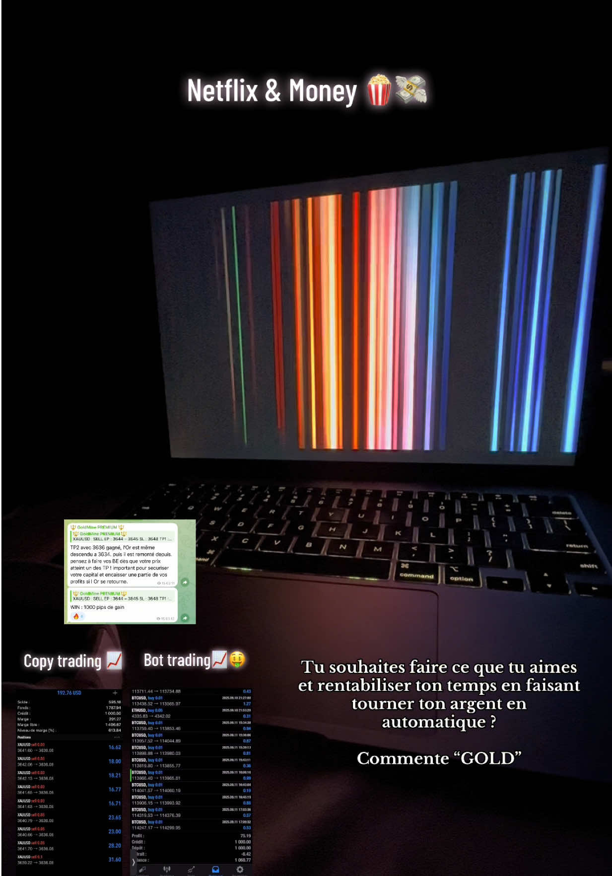 Netflix & Money 🍿 Si tu pouvais faire de l’argent pendant que tu dors !? En automatique 💻👾 sans prises de tête ni connaissances techniques 🤓📈 et surtout SANS payer d’inscription ❌ Ni de mensualités ❌ Ni de Licence a payer ❌. Faire de l’argent en automatique grâce au bot trading 📈 + copy trading + Live session coaching 📈⭐️ commente “GOLD” ou passe en mp FB Lisanna rm ✅ #tradingforex #polynesiefrancaise #bussinesswoman #libertefinanciere #gagnerdelargent 