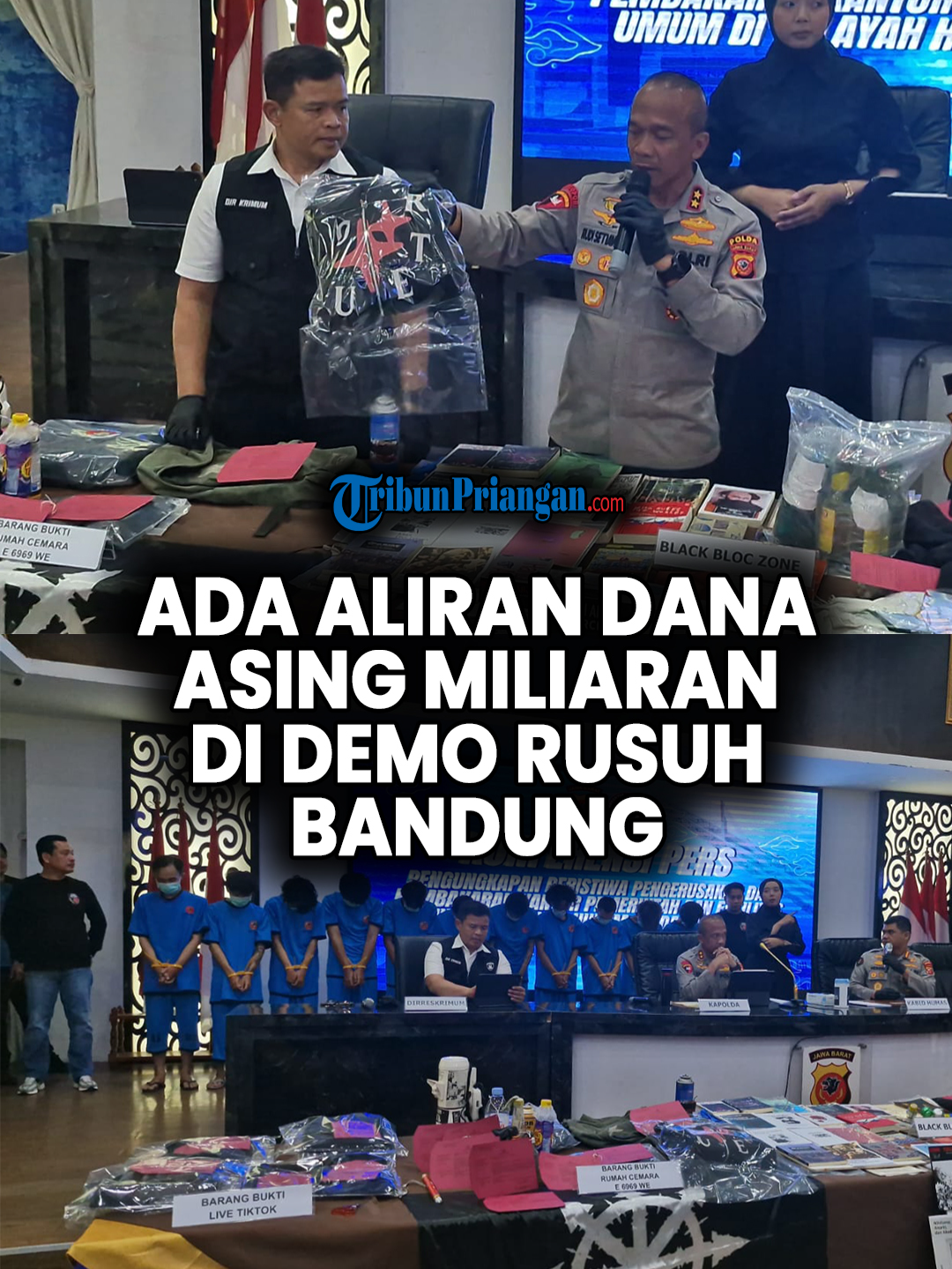 Polisi Ungkap Ada Aliran Dana Miliaran Rupiah di Balik Demo Rusuh di Bandung TRIBUNPRIANGAN.COM - Kepolisian Daerah Jawa Barat mengungkapkan adanya aliran dana hingga miliaran rupiah dari jaringan internasional di balik demonstrasi yang berujung rusuh di Jawa Barat pada 29 Agustus hingga 1 September 2025. Polisi telah menetapkan total 42 tersangka dalam kasus tersebut yang terbagi ke dalam tiga klaster sesuai pelanggaran hukumnya. Di balik kerusuhan itu, para pelaku ternyata mendapatkan dana dari jaringan luar negeri. Kapolda Jabar, Inspektur Jenderal Rudi Setiawan mengatakan bahwa aksi pelemparan petasan dan bom molotov terjadi tanpa henti hingga dini hari pada 29 Agustus 2025. Rudi juga menyampaikan bahwa ada beberapa tersangka yang diduga terafiliasi dengan jaringan luar negeri, di antaranya A.D, R.M, G.H, dan M.N. Ia menegaskan, polisi memiliki bukti aliran dana melalui transaksi digital, tetapi belum bisa ditunjukkan karena masih dalam proses penyidikan. (* Ikuti juga informasi melalui akun media sosial dan website kami: Website: https://priangan.tribunnews.com/  Instagram: https://www.instagram.com/tribunpriangan Facebook: https://www.facebook.com/TribunPriangan Tiktok: https://www.tiktok.com/@tribunpriangan.com #demobandung #demorusuh #demonstrasi #bandung #jawabarat #jabar
