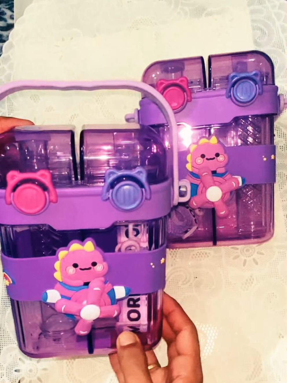 Cute Double Chamber Water Bottle for Kids – Leakproof Split Drink Bottle with Cartoon Design & Strap. #waterbottle #2in1 #2in1bottle #schoolbottle #kidswaterbottle 