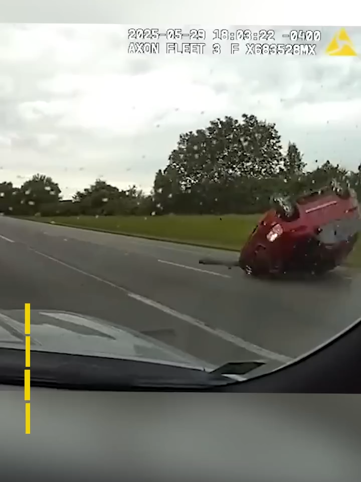 Dramatic dashcam footage shows Ohio State Highway Patrol troopers in pursuit of a hit-and-run suspect moments before a rollover crash The driver of th #oQ_r