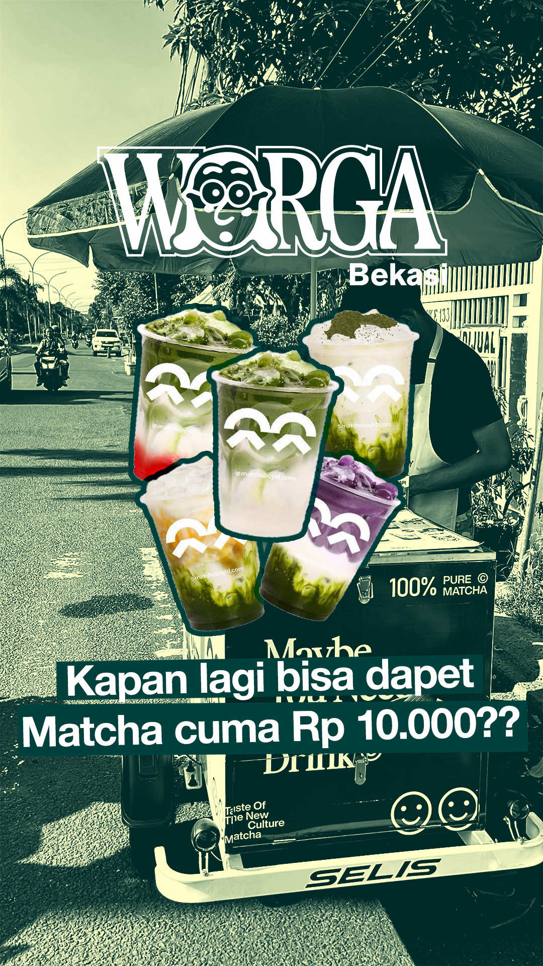 Matcha sepedaan cuma Rp 10.000?? Ayo langsung ke Jl. Boulevard Galaxy buat cari si Mattcha Boy ini karena bukan cuma harganya yang murah tapi matchanya juga enak. Mereka punya beberapa varian rasa lho tapi kami rekomendasi untuk coba yang OG biar bisa ngerasain bubuk matcha mereka. Agak susah carinya tapi kalo ketemu mention kami ya! #wargabekasi #bekasi #matcha #mattchaboy