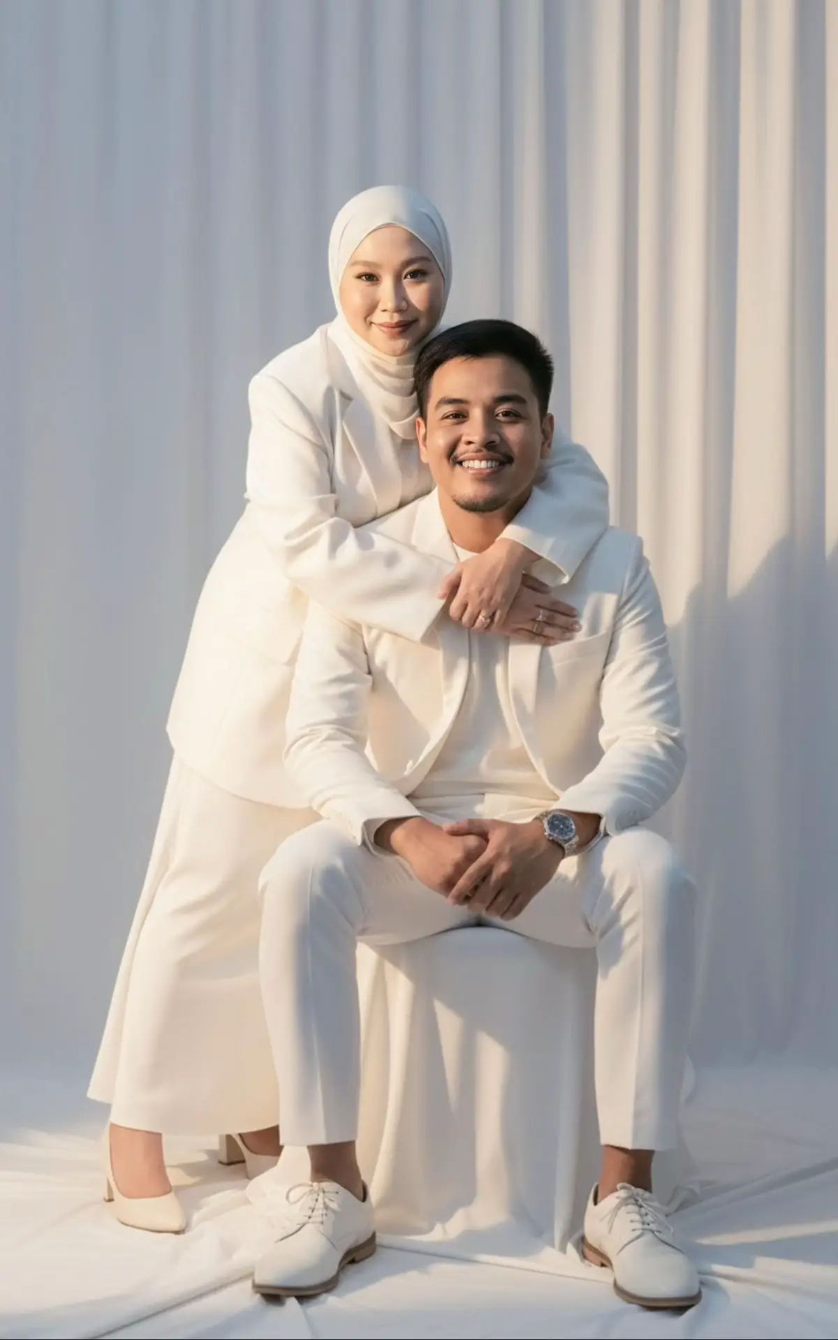 Foto di dalam studio dengan cahaya senja 1. Masuk ke aplikasi google Gemini 2. Tekan tanda (+) 3. Masukin foto di galeri yg ingin di edit 4. Salin promptnya 👇🏻 Edit dua orang yang berada dalam foto ini menjadi duduk santai bersama sambil posing berpelukan dari belakang di studio foto dengan pantulan cahaya senja. Ia mengenakan outfit serba putih : blazer oversize, dan rok putih tulang kasut putih tulang, kesemuanya outfit putih tulang. Angle dari depan, gaya elegan dan edgy dengan nuansa misterius. Gayakan gambar tersebut dalam situasi yang gembira.  5. Gambar akan di generate. Tekan selesai, lalu save image. Selamat mencuba😍