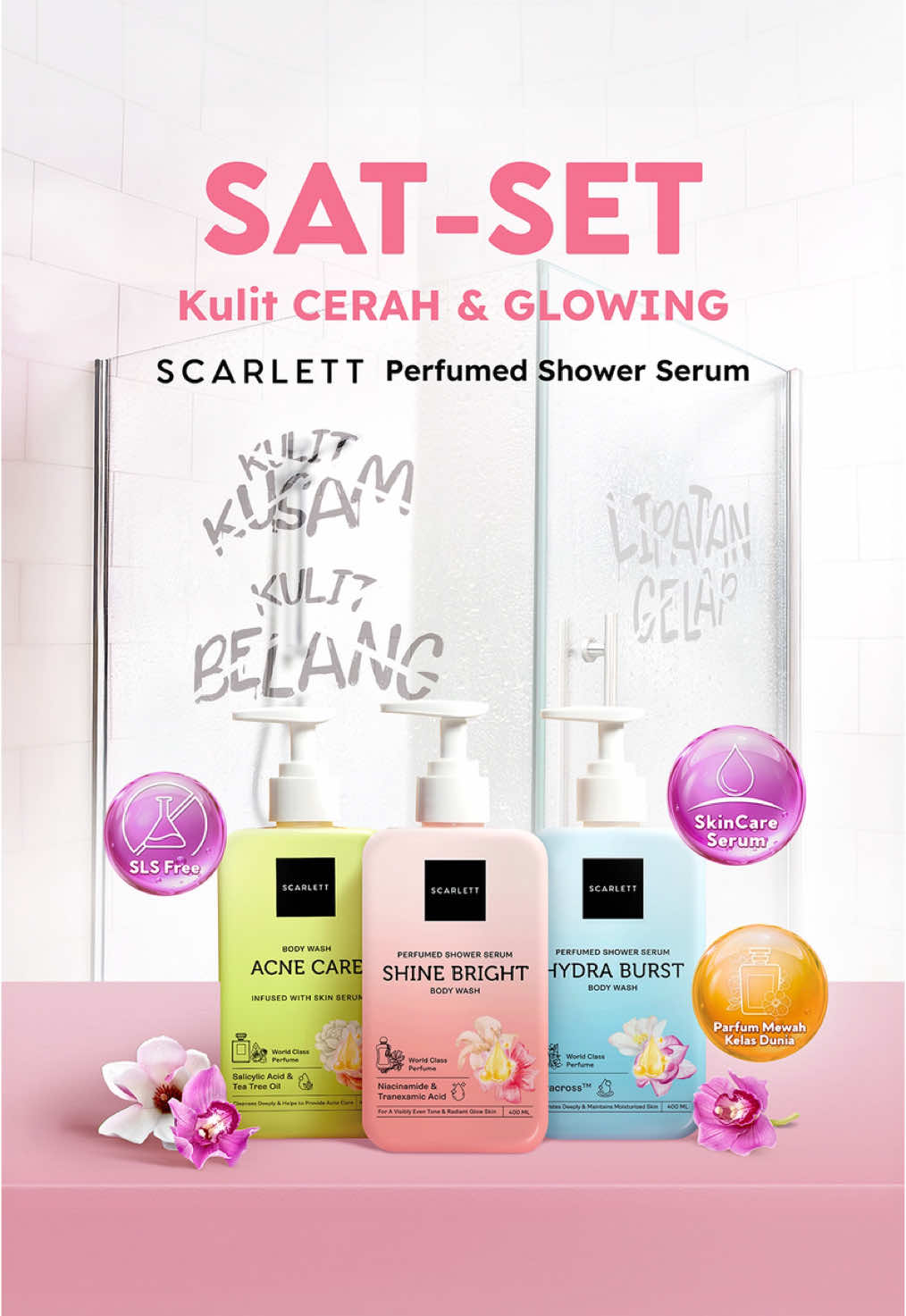 Say Goodbye to Skin Problems with Scarlett Shower Serum 🤍✨ Atasi masalah kulit kamu dengan 3 varian unggulan dari Scarlett: 🌱 Acne Away: Mengatasi jerawat badan 💧 Hydra Boost: Kulit kering? Lebih lembap dan segar! 🌟 Shine Bright: Wujudkan kulit cerah berseri sepanjang hari! Satu solusi yag bisa bikin kulit kamu sat set berseri!