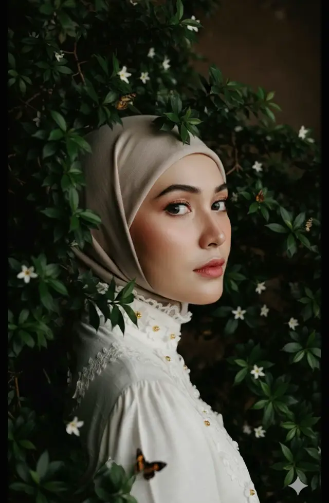 prompt : : Edit foto ini tanpa merubah wajah aslinya menjadi  manusia nyata (realistic portrait), ultra-detailed . Pertahankan wajah asli sepenuhnya tanpa perubahan apapun. (kalau mau close up tinggal edit dan di tambahkan dan hapus yang tidak di inginkan) Subjek ditampilkan dengan mata menatap kamera, dengan makeup tipis bernuansa peach lembut. Bulu mata tampak jelas, lentik natural, dengan warna mata coklat gelap yang realistis. suasana indah di taman bunga  penuh dedaunan kecil berwarna hijau gelap dengan bunga-bunga putih dan  kuning  dengan, langit cerah dan beberapa kelinci .memakai mahkota bunga  menciptakan kesan intim, elegan, dan moody. Tambahkan beberapa kupu-kupu kecil realistis, hinggap di daun atau di wajah. dedaunan dan kupu-kupu menyatu alami dengan hijab.  Busana subjek gaun berwarna putih gading dengan nuansa vintage dan feminin panjang menjuntai dan bagian bawah lebar dan panjang memakai sepatu flat berwarna putih  Bagian lehernya berkerah tinggi dengan detail kerutan halus. Pada area kerah terdapat hiasan bunga kecil berwarna putih dengan pusat bunga keemasan. Tone warna keseluruhan moody, earthy, dengan dominasi hijau gelap, putih lembut, dan pencahayaan redup dramatis. Fokus pada realisme manusia nyata dengan detail wajah, tekstur kulit natural, mata tajam, dan daun kecil yang jelas. pose (bisa di sesuaikan) duduk di antara bunga d taman bunga dengan bermain bersama kelinci pose menghadap samping jangan merubah wajah di foto. #geminiai #geminifiary #fairy 