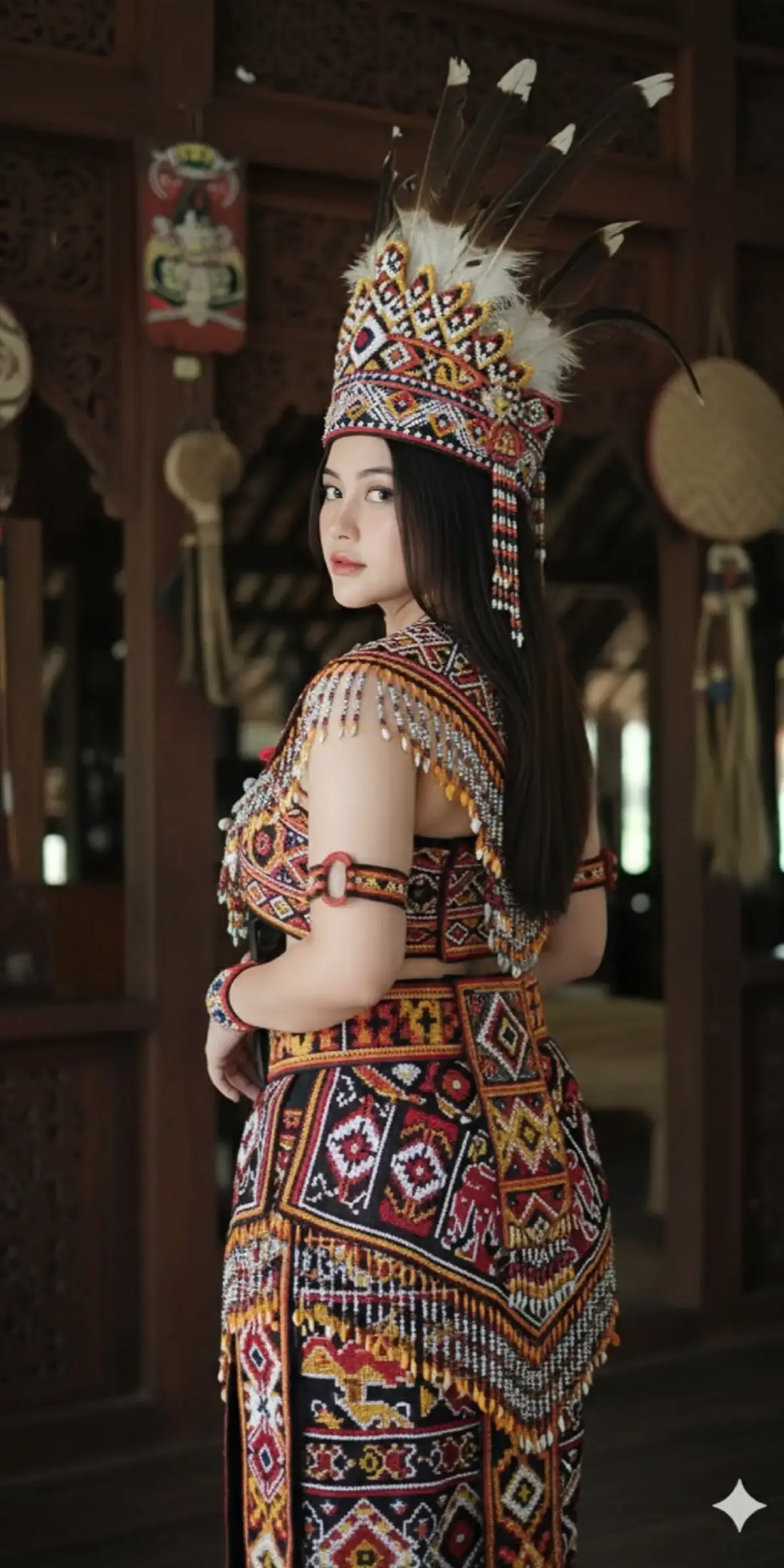 Ubah menjadi menggunakan baju adat dayak lengkap keren dengan mahkota adat dayak diatas kepalanya  buat backgroundnya di rumah adat dayak buat serealistis mungkin jangan ubah wajah #promptai #geminiai #dayakkalimantan 