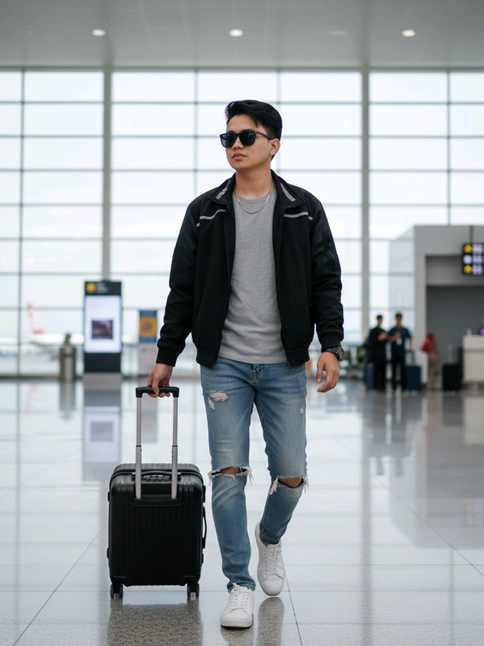 PROMPT : Tanpa mengubah wajah sedikitpun, Buat gambar high kuality (Kualitas tinggi), dengan rasio vertikal 4:6 Seorang laki-laki muda Indonesia, dengan gaya korea style Sedang berjalan di bandara tangan memegang koper kacamata hitam Celana sobek sobek #CapCut #PromptChallenge #AiTrend #fyp 