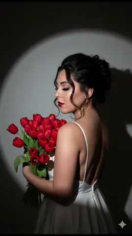 Prompt Noiva com tulipas 🌷  Crie uma imagem minha de costas, inclinando a cabeça ligeiramente para o lado. Seu cabelo escuro está preso em um coque bagunçado, com algumas mechas brincando ao redor do rosto. Ela usa um elegante e romântico vestido branco de noiva.  Ela segura um grande buquê de tulipas à sua frente. Seu rosto pode ser visto de lado, e sua expressão parece pensativa ou sonhadora, enquanto ela olha ligeiramente para baixo. O fundo é um ponto simples e brilhante que o destaca, cercado pela escuridão, criando um efeito dramático. As cores dominantes são , vermelho e cinza. A foto é de uma figura média. A maquiagem é marcante. Cílios longos e volumosos. Sua pele é contornada por lábios impecáveis ​​e brilhantes. Lente 4K HD. Qualidade (mantém os detalhes faciais corretamente)! Enfatiza a textura da pele e os detalhes nítidos #prompt #prompterchallenge #AI #foto #chatgpt 