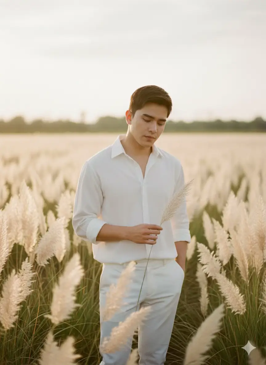 Prompt:Dreamy cinematic portrait of a stylish 21 years old young man standing in a tall grass field filled with soft white pampas flowers. He is wearing an all-white outfit: a white button-up loose fit shirt with sleeves slightly rolled and white trousers. Pose: standing naturally, body facing forward,head slightly tilted down,eyes looking softly downward with a calm and thoughtful expression. One hand holding a pampas flower gently in front,the other hand casually in his pocket.Background:  ##foryou##fyp##fypagetiktok##fypage##fypagee