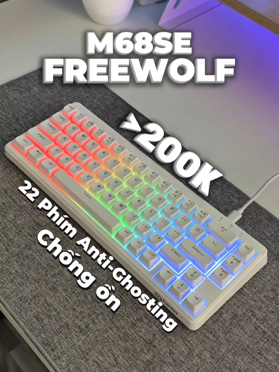 Bàn phím chống ồn có dây hỗ trợ chơi game và làm việc giá rẻ FreeWolf M68SE - Layout 65% - Led Rainbow - Hỗ trợ 22 Phím Anti-Ghosting #banphim #banphimchoigame #banphimgaming #m68se #banphimgiare 
