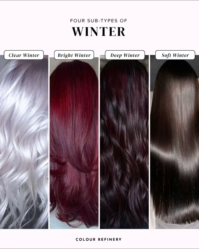 🪞Clear Winter: Cool, Med-High Intensity, Light-Medium in value, Clear. 🪞Bright Winter: Cool, High Intensity, Medium-Deep in value, Clear. 🪞Deep Winter: Cool, High Intensity, Deep in value, Clear. 🪞Soft Winter: Cool, Med-High Intensity, Dark in value, Med-Clear. #coloranalysis #colouranalysis #personalcolor #seasonalcoloranalysis #deepwinter 