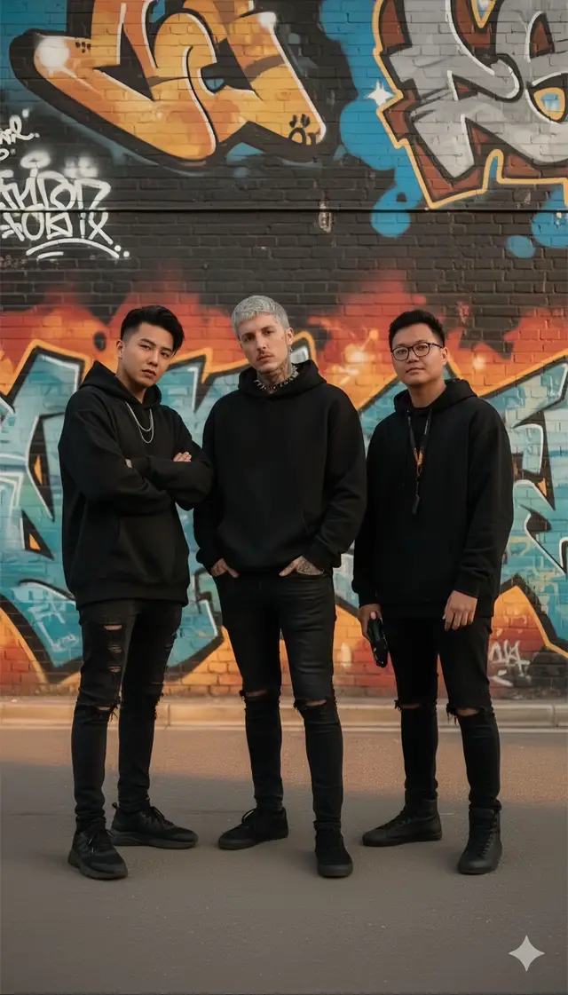• Open Gemini • Upload your photo • Follow this prompt: “Three young men [photo 1] [photo 2] [photo 3] standing confidently in front of graffiti wall. All wearing coordinated black streetwear: oversized black hoodies, black ripped jeans, black sneakers. Standing tall side by side, one with arms crossed and intense gaze, another with hands in pockets and slight smirk, third with relaxed confident posture, all exuding cool charisma. Golden hour sunlight casts warm soft shadows, DSLR 35mm f/1.8 lens. Maintain the original facial features and likeness of all subjects without altering or distorting any facial characteristics, producing highly realistic and faithful representations. Vertical 9:16 aspect ratio.” • Wait for the result #fyp #viral #gemini #aiart #contentcreator 