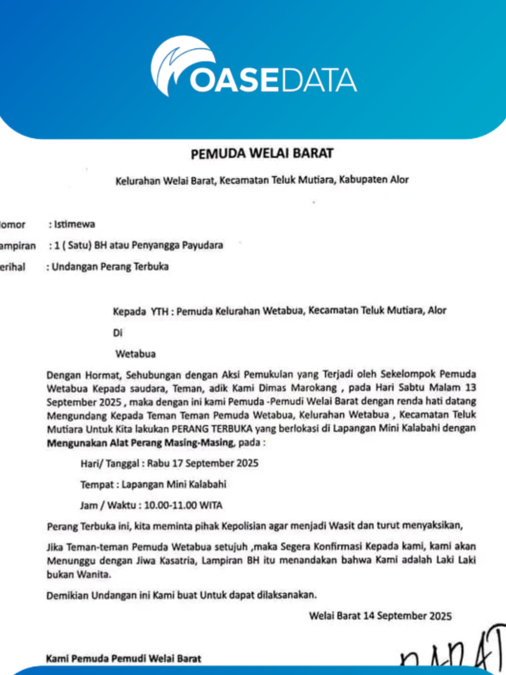 Pemicu dari ajakan duel ini adalah kasus penganiayaan terhadap seorang pemuda bernama Dimas Marokang pada 13 September. Yang membuat surat ini semakin kontroversial, para pemuda bahkan meminta polisi untuk bertindak sebagai 