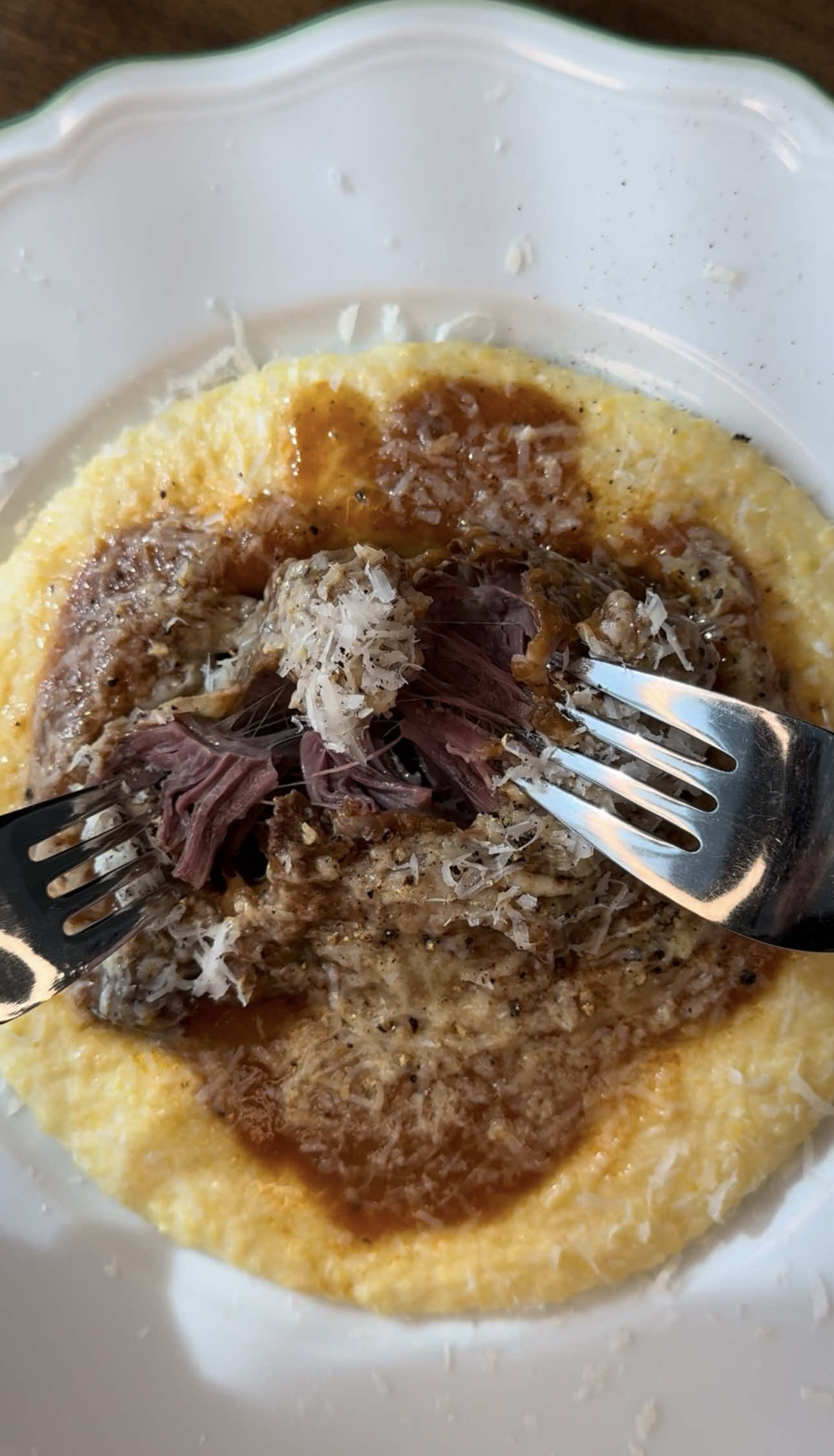 Tender Braised Beef with Parmesan Polenta 3lbs chuck roast or other braising beef 1 cup dry white wine 1 jar pepper parm @SAUZ  4 cups chicken stock 2 cups polenta 4 cups chicken stock 2 cups milk 1Tbsp salt 1 cup grated Parmesan 6Tbsp butter -Season beef on all sides with salt and pepper -Sear beef all over and remove from pan. Deglaze with wine. -Add sauz, and chicken stock, stir well -Add beef to pan, bring to the simmer and cover.  -Cook in the oven at 325f for 2.5-3 hours -Heat milk and chicken stock, once at a low boil add in the polenta and stir -Cook while stirring over low heat for 20 minutes until thickened -Turn off heat, mix in salt, Parmesan, and butter. -When beef comes out of the oven check the consistency of the sauce. If too thin remove a little and thicken in a separate pan. -Enjoy #food #Foodie #foodies #Recipe #recipes            