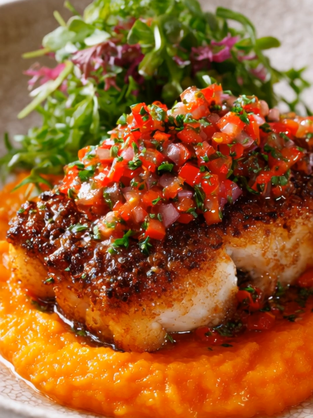 Pan-seared red snapper with golden, crackly skin 🐟✨ served on a silky maple carrot purée 🧡 #fyp