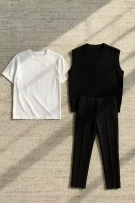Paket 3in1 Outfit Cowok Simple Vest Rajut + Kaos Polos + Celana Slimfit OOTD Cowok Korean Style ✨ #vestrajut #kaos #celanaslimfit #koreanstyle #fyp 