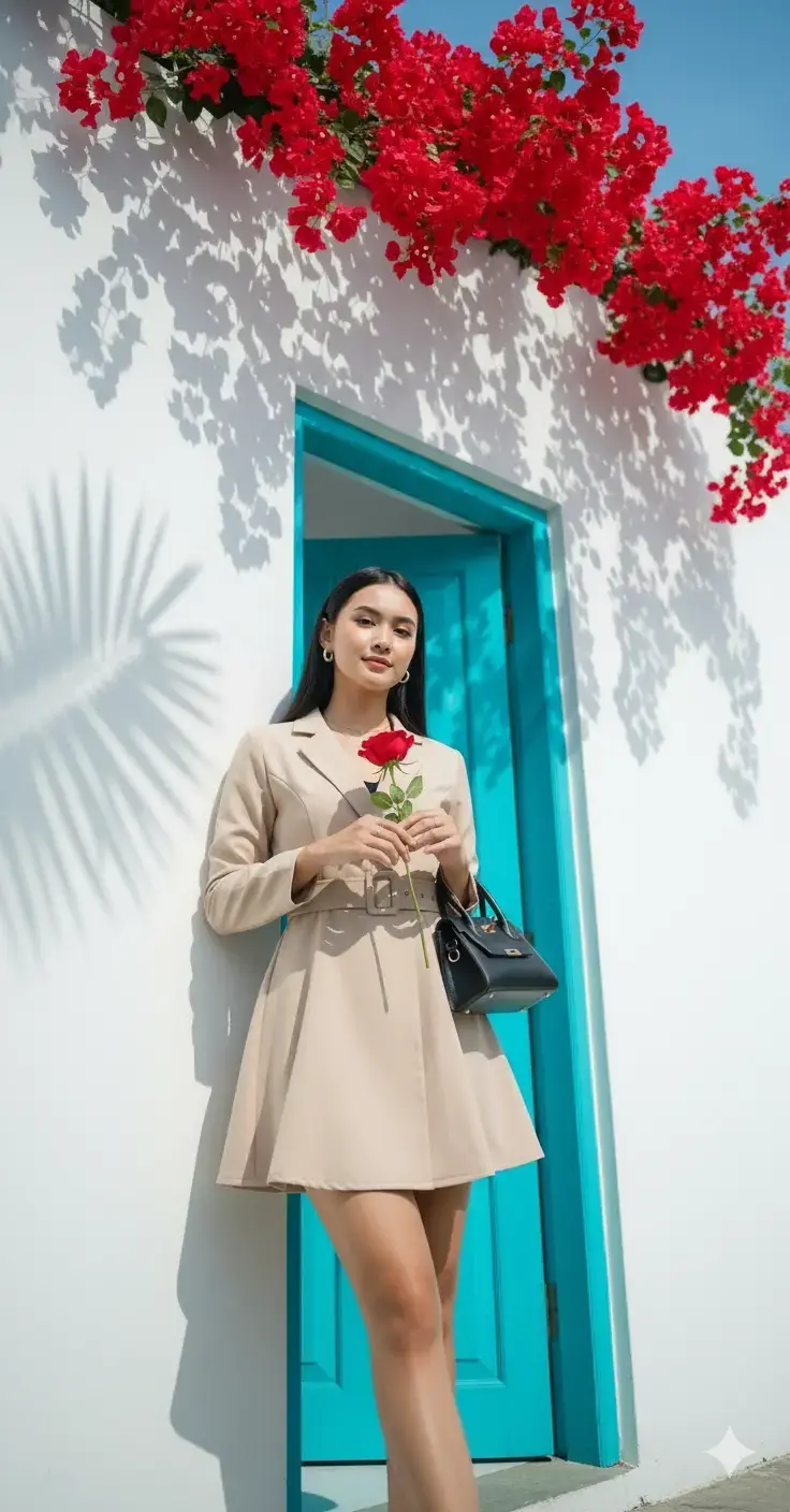 Seorang wanita Indonesia muda cantik berkulit cerah berdiri menyamping didepan pintu besar  berwarna biru toska dan dinding putih. Ia mengenakan mini dress blazer warna beige/coklat muda dengan detail kerah V, lengan panjang, serta ikat pinggang kain dengan buckle yang menonjolkan siluet ramping. Rok dress melebar berbentuk A-line dengan potongan simpel dan elegan. Rambut hitam panjangnya tergerai lurus ke belakang. Aksesori berupa anting hoop kecil dan kalung tipis berliontin kecil menambah kesan minimalis elegan. Tangannya memegang tas hitam kecil. Ekspresinya tersenyum dengan ceria kearah kamera. Latar belakang berupa dinding putih minimalis dengan bayangan dedaunan dan bunga bougenville merah cerah yang menjuntai dari atas, menambah kesan tropis dan romantis. Cahaya matahari siang terang menghasilkan bayangan tegas di dinding, menciptakan efek dramatis sekaligus segar. Angle kamera: Dutch angel shot. Sudut ini membuat subjek terlihat lebih percaya diri dan menonjol, dengan komposisi simetris antara pintu biru di belakang dan bunga bougenville di sisi atas. Foto resolusi 4k, rasio 9:16.#capcut #chatgpt #gemini 