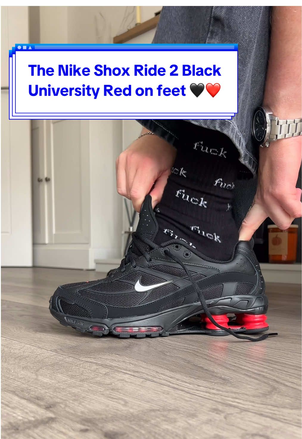 The Nike Shox Ride 2 Black University Red on feet. 🖤❤️  That dual cushioning system is so fire. And the shox cushioning is definitely appreciated. This model is so much better than the normal shox imo and is set to be one of the best winter shoes for 2025.  This pair matches baggy denim perfectly, and these Super Baggy jeans from @Route One UK are flawless. Plus the socks are a nice touch too 😜 This particular colourway seems is the perfect winter sneaker. Let me know what you think; are you a fan? 🤔  #nike #nikeshox #nikeshoxride2 #nikeshoxride2lightgraphite #sneakers @Nike  