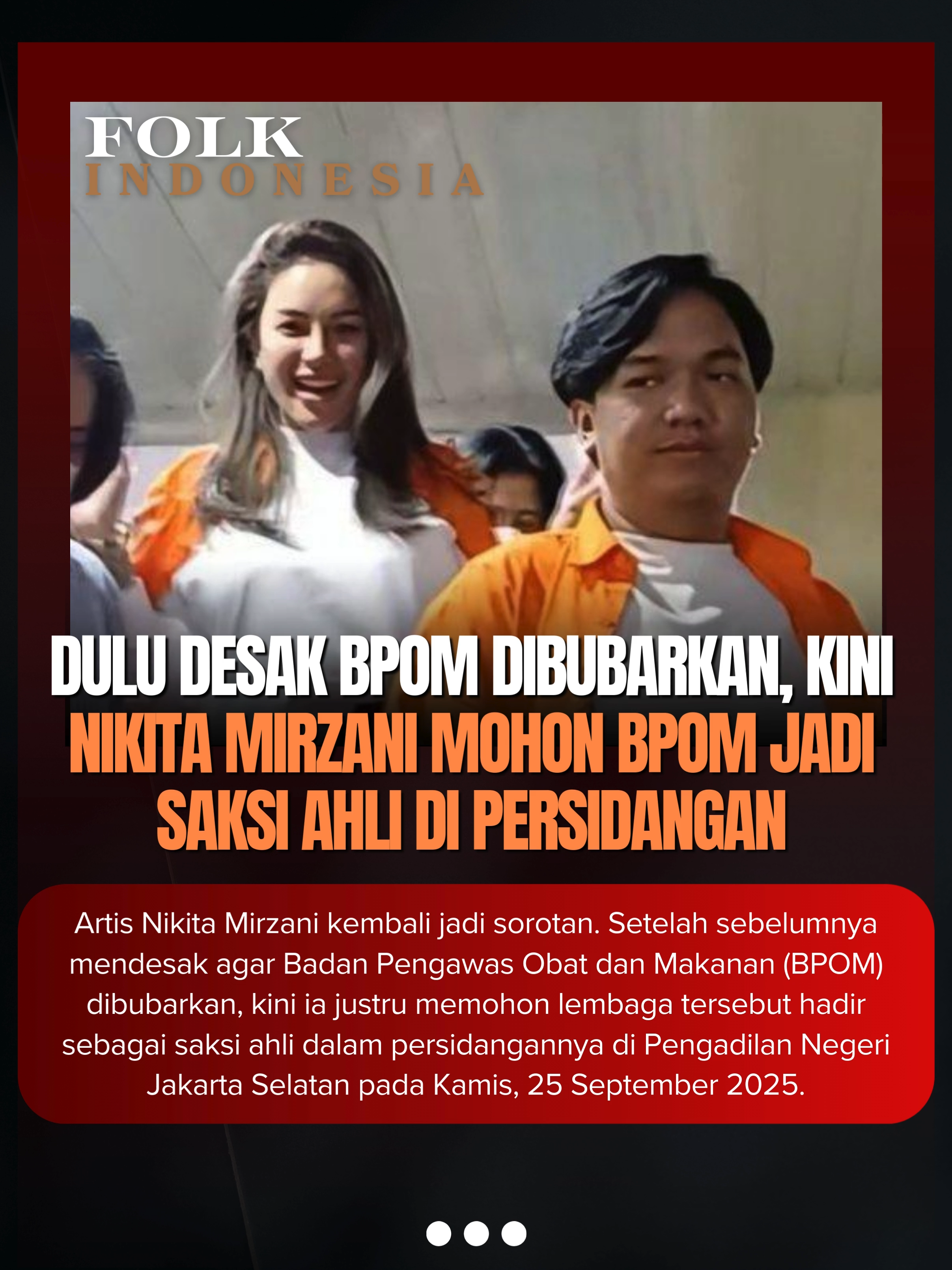Artis Nikita Mirzani kembali jadi sorotan. Setelah sebelumnya mendesak agar Badan Pengawas Obat dan Makanan (BPOM) dibubarkan, kini ia justru memohon lembaga tersebut hadir sebagai saksi ahli dalam persidangannya di Pengadilan Negeri Jakarta Selatan pada Kamis, 25 September 2025. Lewat akun Instagram resminya, @nikitamirzanimawardi_172, Nikita mengunggah surat terbuka yang ditujukan kepada Kepala BPOM. Surat itu memuat permintaan resmi agar BPOM menepati janji untuk hadir sebagai saksi ahli. #nm #NikitaMirzani