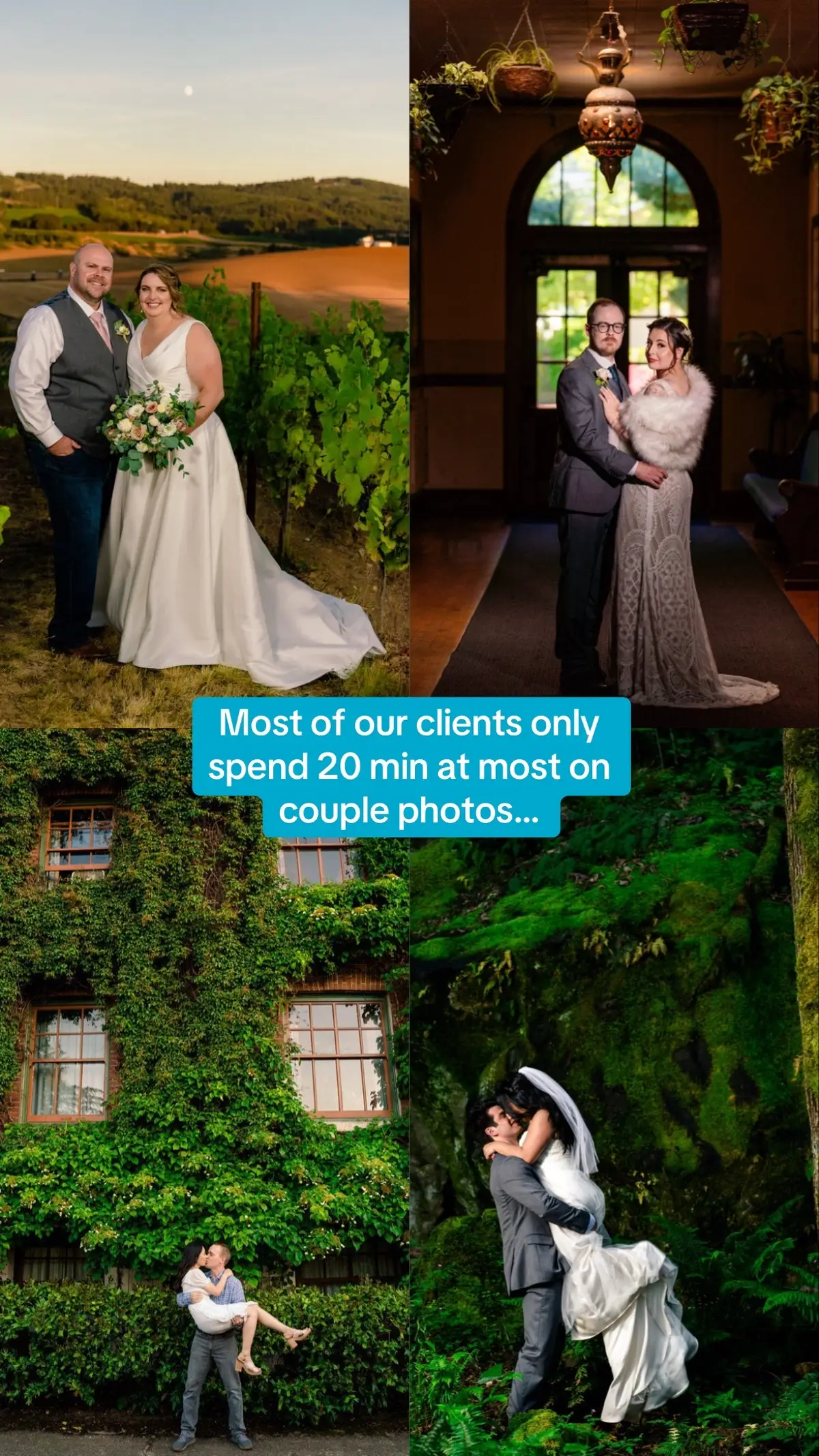 When it comes to couple portraits on a wedding day, there’s no “right” or “wrong” amount of time to spend on photos—it all depends on your priorities and timeline. As photographers, it’s our job to set expectations and guide couples through what’s possible within the time they’ve set aside. A seasoned pro can create a wide variety of images in less time because they know poses like the back of their hand, can adjust quickly, and anticipate the best light and angles. Someone newer may need more time to achieve the same results. Like they say, time is money—if you’re working with a tighter schedule, investing in an experienced wedding team is worth it. The higher price reflects not only the images you’ll receive, but also the seamless, stress-free experience that comes with years of practice. #wedding #weddingphotographer  #portlandweddingphotographer #weddingplanning #weddings