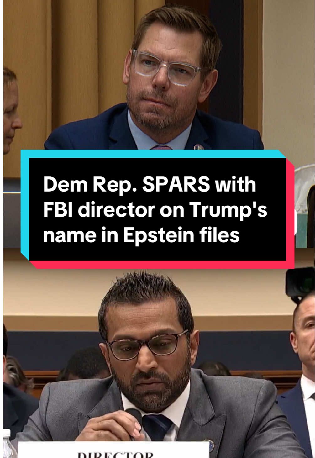 During a House committee hearing, Rep. Eric Swalwell (D-CA) and FBI director Kash Patel spar over the existence of President Trump's name in the Epstein files and whether or not Patel disclosed that to Attorney General Pam Bondi. #news #Trump #FBI 
