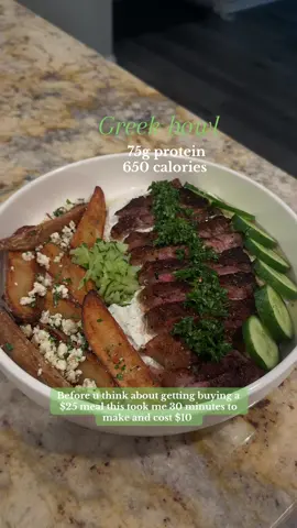 It’s homemade tzatziki with steak on top with chimichurri , mini cucumbers, homemade air fried steak fries with feta cheese and chimichurri. I LOVE TZATZIKI (steak was only $7 from Safeway😱) #meaideas #greek #greekbowl #steakideas #steakdinner 
