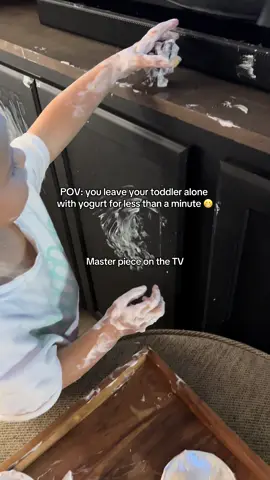Yogurt + 30 seconds alone = abstract art on the TV 🤦‍♀️  #momlife #toddlersoftiktok #funnyvideos #funnytoddler 