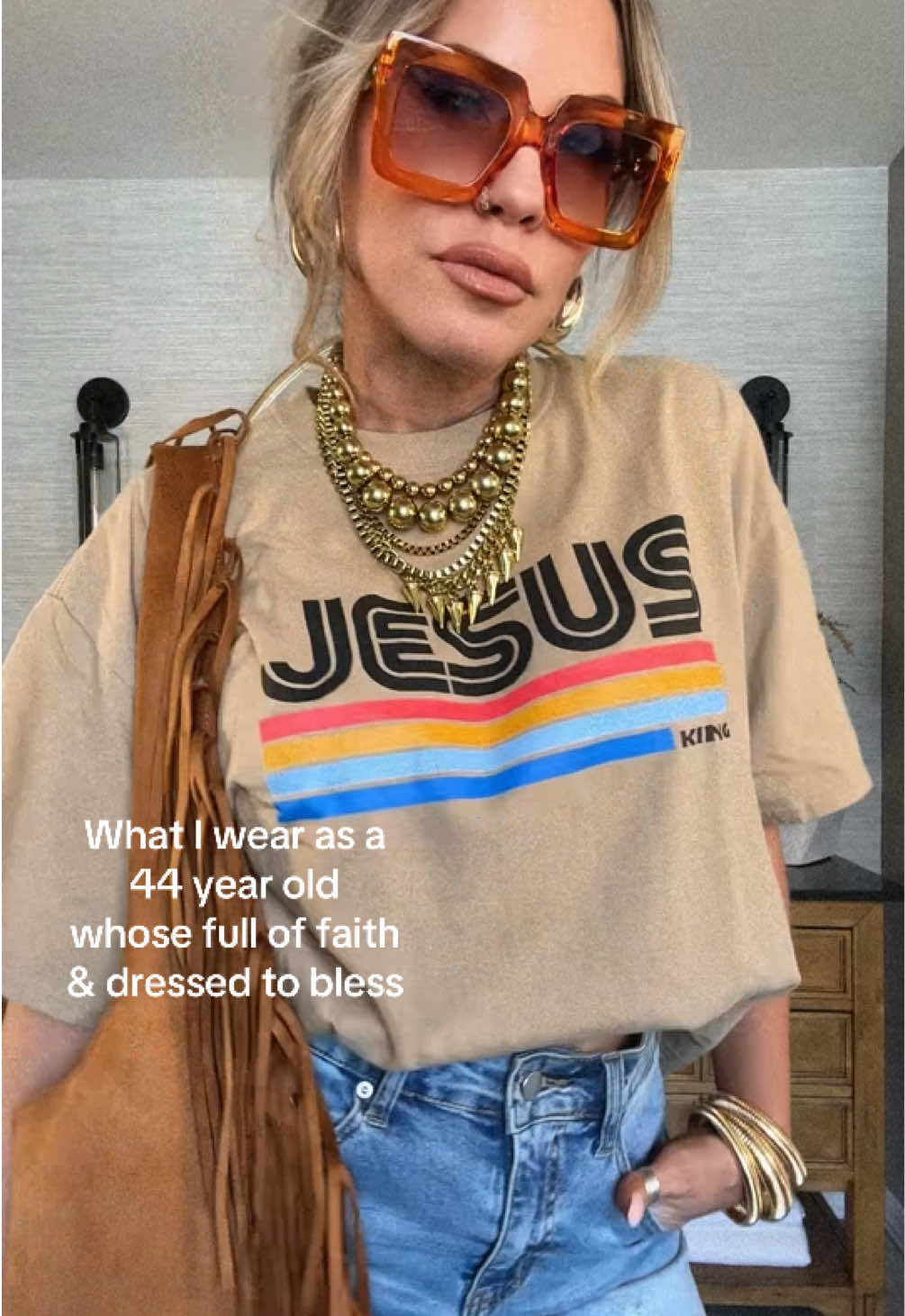 Double tap if you'd wear this!❤️ if fashion had a rulebook, I used it as a coaster in my 30s and threw it out in my 40s. Hiiiii I'm Julie Tay, your TikeyTok bestie reminding you daily to SHOW UP! Put on every peice of jewelry you own, all at once and most of all... have FUN spreading your sunshine sprinkles! ☀️Follow for your daily dose of outfit happiness 💃 #over40fashion #styleinspo #christiangirl #ootdinspo #fallfashion 