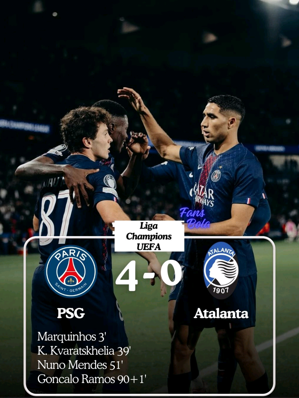 PSG Menang di pertandingan perdana UCL dengan skor telak 4-0 melawan atalanta. PSG sang juara bertahan berhasil memperoleh poin penuh setelah 4 gol bersarang di kandang atalanta,  #CapCut #psg #ucl #dembele  #fyp 