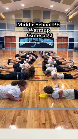 Students compete 1v1 by racing to the volleyball line and back to steal the dot on the floor. If they lose, they had to give me 25 jumping jacks! Works on speed and gets their heart pumping before the lesson! Try this is your PE class! #pegames #peteacher #teachersoftiktok 