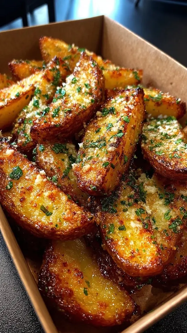 Baked Garlic Parmesan Potato Wedges 🥔🧄 🛒 Ingredients: 4 large russet potatoes, cut into wedges 3 tbsp olive oil 3 cloves garlic, minced 1/2 cup grated Parmesan cheese 1 tsp Italian seasoning 1/2 tsp paprika Salt & pepper to taste Fresh parsley for garnish (optional) 👩‍🍳 Directions: Preheat oven to 400°F (200°C). Line a baking sheet with parchment paper. Prepare potatoes: Wash and cut potatoes into wedges. Pat dry with a paper towel. Season: In a large bowl, toss potato wedges with olive oil, garlic, Parmesan, Italian seasoning, paprika, salt, and pepper. Arrange on baking sheet: Place wedges in a single layer, skin-side down if possible. Bake for 35–40 minutes, flipping halfway through, until golden and crispy. Garnish & serve: Sprinkle with fresh parsley and extra Parmesan before serving.