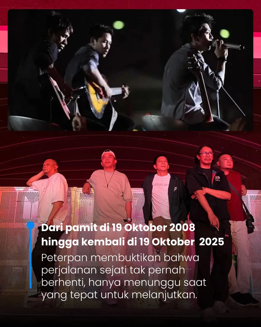 ✨ Sejarah Terulang… ✨ Sobat Musik, tepat 17 tahun lalu di tanggal 19 Oktober 2008, Peterpan menggelar konser tunggal terakhir kalinya dengan nama Peterpan. Malam itu jadi perpisahan penuh haru bagi jutaan Sahabat Peterpan di seluruh Indonesia. Kini, 19 Oktober 2025, momen bersejarah itu akan terulang kembali. Peterpan hadir lagi lewat konser The Journey Continues: Semua Tentang Kita di Bandung, bersama generasi suara baru - Ello, Tiara Andini, Fiersa Besari, dan Alex Teh. Bukan sekadar konser, tapi perjalanan lintas generasi yang menyatukan kenangan, karya, dan cinta Sobat Musik untuk Peterpan 💙 📍 Eldorado Dome, Bandung 📅 19 Oktober 2025 ⏰ Open Gate: 11.00 WIB ⏰ Show Time: 16.00 - 18.00 WIB 🎟️ Last Chance Ticket via @loketcom  #peterpan #konser #sahabatpeterpan #sahabatnoah #noah 