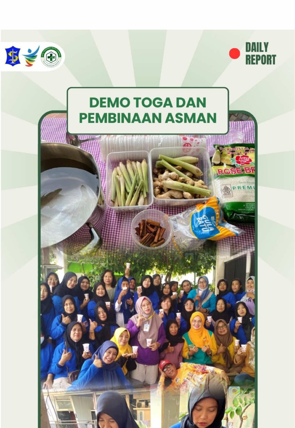 Sobat healthies berikut adalah cuplikan kegiatan Demo Toga dan Pembinaan Asuhan Mandiri yang dilakukan di Balai RW 2 Kelurahan Balas Klumprik. Selain mempraktekkan titik-titik akupresur untuk berbagai kasus pada seluruh siklus hidup, kegiatan ini juga diisi dengan praktek pembuatan olahan herbal berupa wedang Sejaman (Sereh Jahe Kayu manis) untuk membantu menjaga menstabilkan tekanan darah dan gula darah. Yuk jaga tubuh kita tetap sehat dan bugar dengan olahan herbal dan akupresur mandiri!