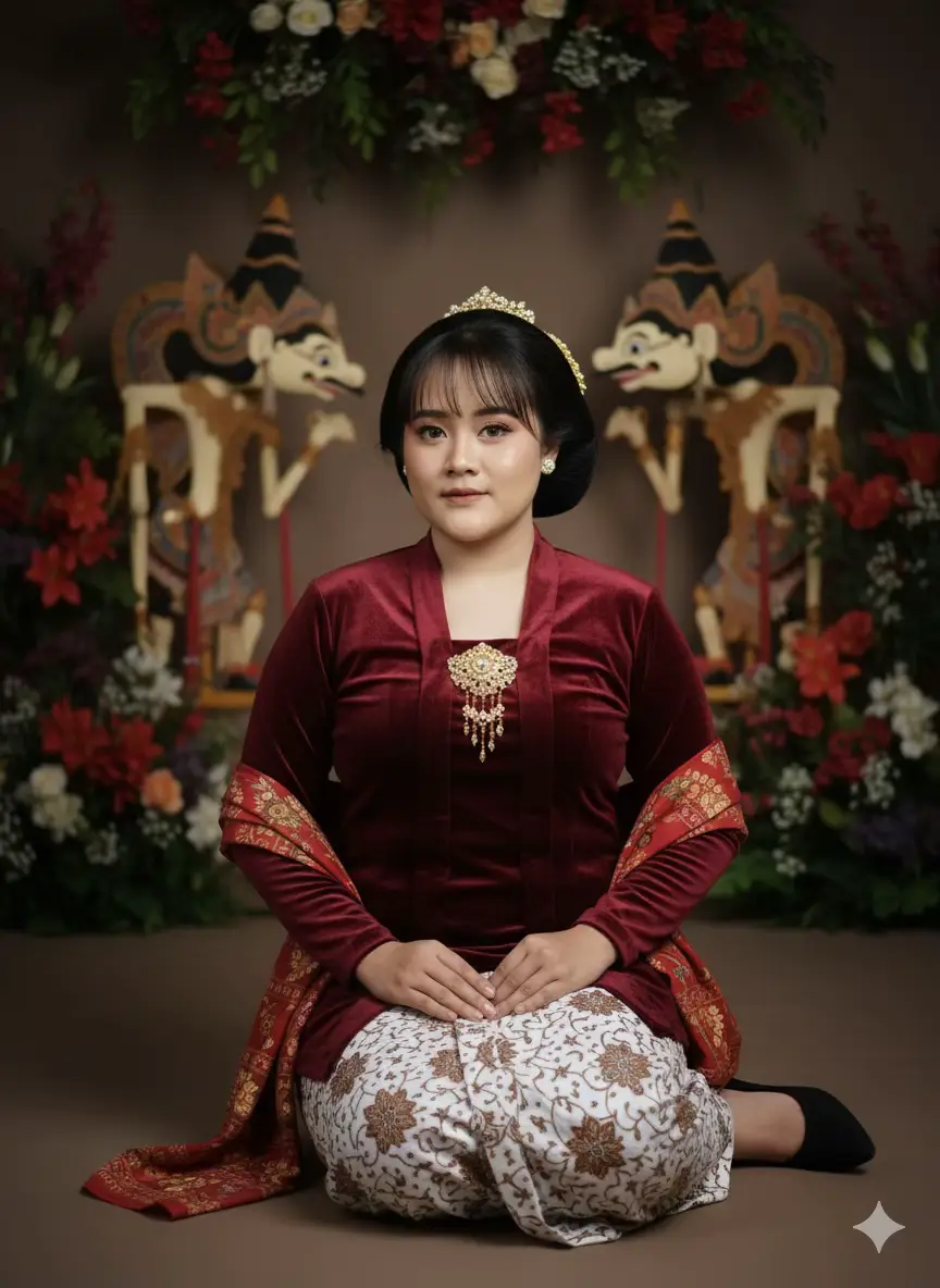 edit foto wanita Jawa modern seorang wanita Indonesia tidak merubah wajah, duduk anggun dalam balutan kebaya merah yang modern, dipadukn dengan kain batik jawa sertakan selendang batik dipundak. rambutnya ditata dalam sanggul memakai anting serta kalung dileher. ia duduk sopan kaki dibelakang dengan pose elegan dan simestris, tangan kanan dipaha tangan kiri dilantai. latar belakangnya menampilkan keraton megah dengan pintu kayu ukur. pencahayaan lembut menyinar subjek, dengan wanita tersebut berada tepat di tengah bingkai. #geminiai #adatjawa #gemini #tiktokviral #fyp≥*