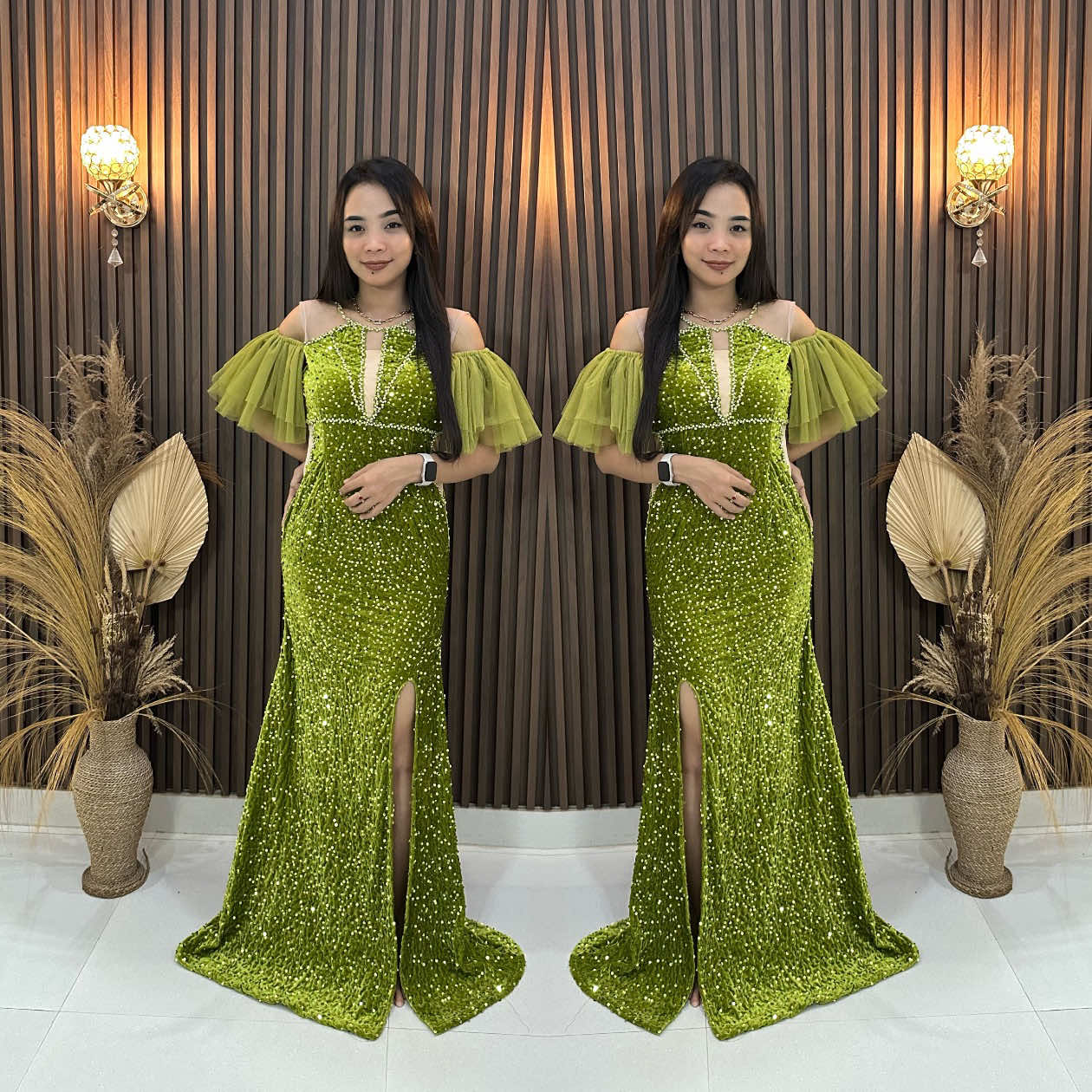 Warna nya seger😍, yg mau co di warna hijau olive #Revalina #bajupenyanyi #gaunmewah #GaunPesta 