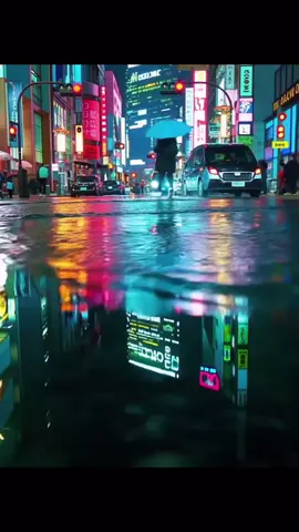 This image captures a bustling night scene in Tokyo, with wet streets reflecting the colorful neon lights from signs and advertisements. A person mid-jump is featured in the center, their motion creating a distorted reflection on the water's surface. The background is filled with lively crowds, cars, and illuminated billboards, contributing to a fantastical atmosphere with its vibrant colors and reflections. I’d be happy to share my thoughts if you could provide a video to view. #tokyo #japan 
