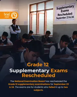 Grade 12 Supplementary Exams Rescheduled The National Examination Board has rescheduled the Grade 12 supplementary examinations for September 23 and 24. The exams are for students who failed in up to two subjects. On September 23, single-subject exam takers will appear, along with two-subject takers for the subject with the smaller code number. The compulsory English exam will also be held on this day. On September 24, students with two subjects will take the exam for the subject with the larger code number. The compulsory Nepali exam will be held on this day for students who also have compulsory English. #class12exam #12classexam #nepalinews #nebnepal #nepalinlast24hours 