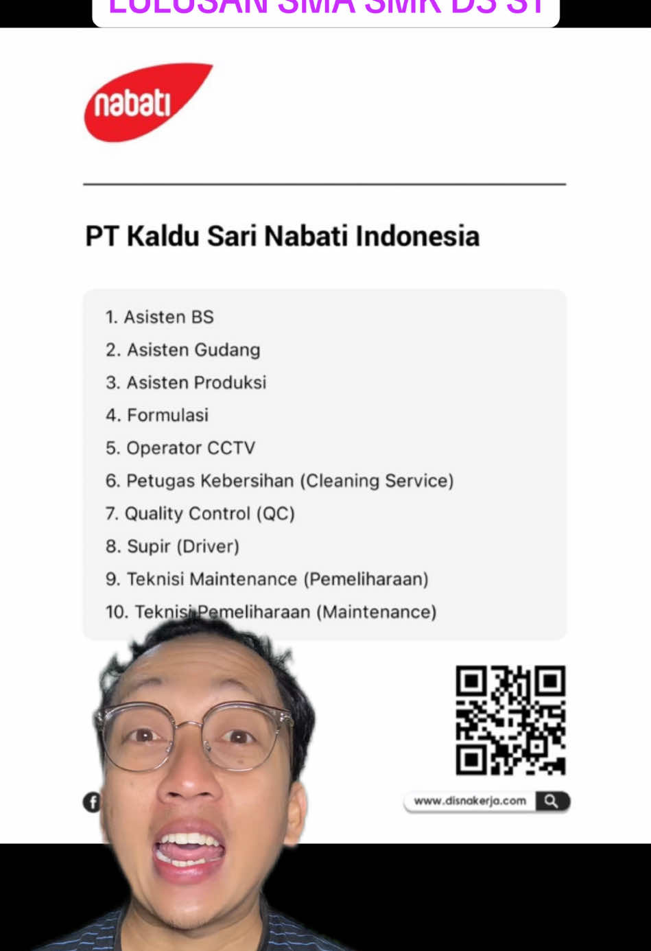 Lowongan Kerja PT Kaldu Sari Nabati Indonesia 1. Asisten BS 2. Asisten Gudang 3. Asisten Produksi 4. Formulasi 5. Operator CCTV 6. Petugas Kebersihan (Cleaning Service) 7. Quality Control (QC) 8. Supir (Driver) 9. Teknisi Maintenance (Pemeliharaan) 10. Teknisi Pemeliharaan (Maintenance) Lihat detail: https://www.disnakerja.com/lowongan-kerja-pt-kaldu-sari-nabati-indonesia/ #infoloker #carikerja #lokerterbaru #loker2025 #lowongankerja 