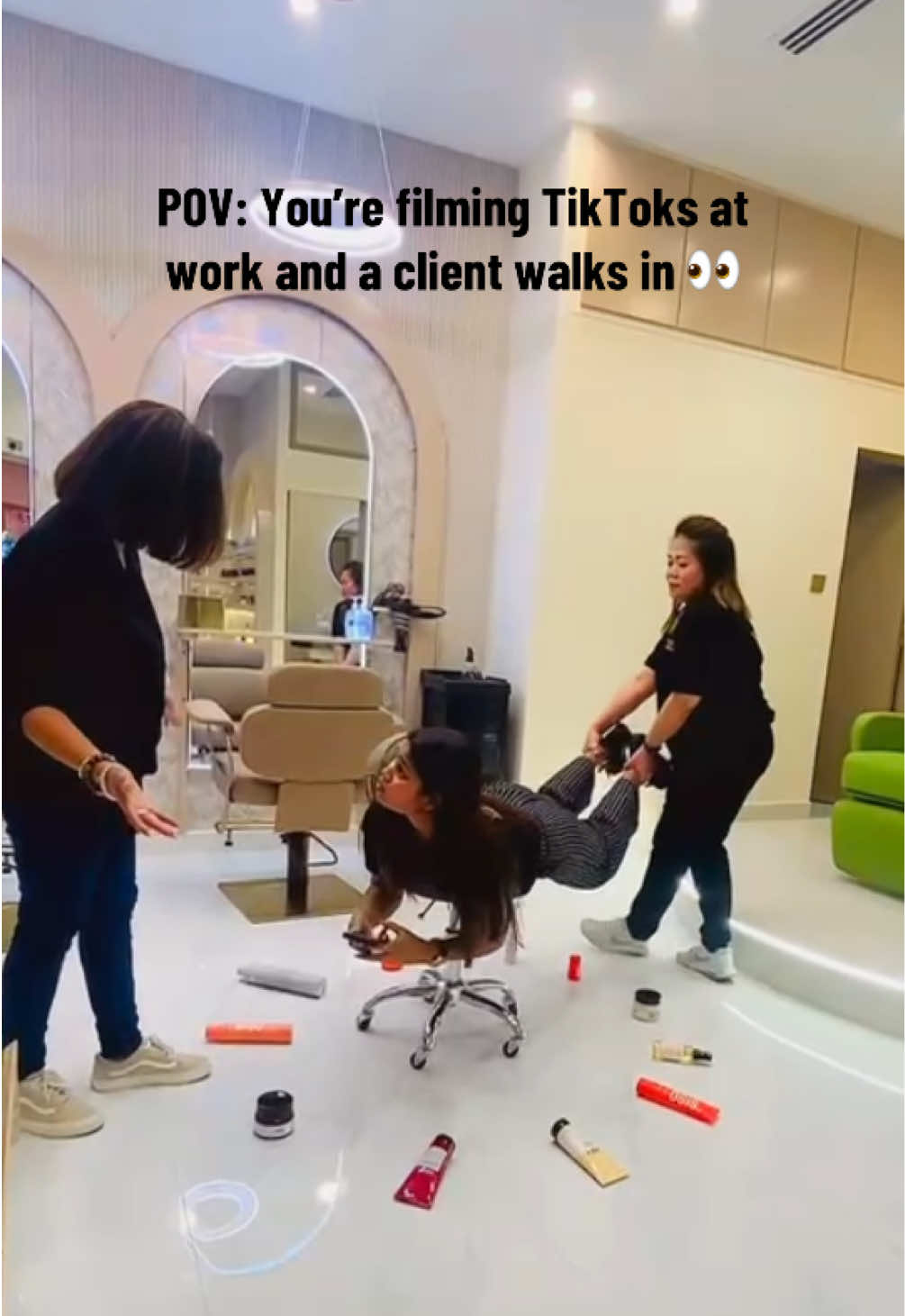 When you’re filming TikToks at work, fully in the zone, and a client walks in like..😅 #Virgo fitness and beauty Studio life is never boring! #dubai #fintess #beauty #virgofitnessbeauty